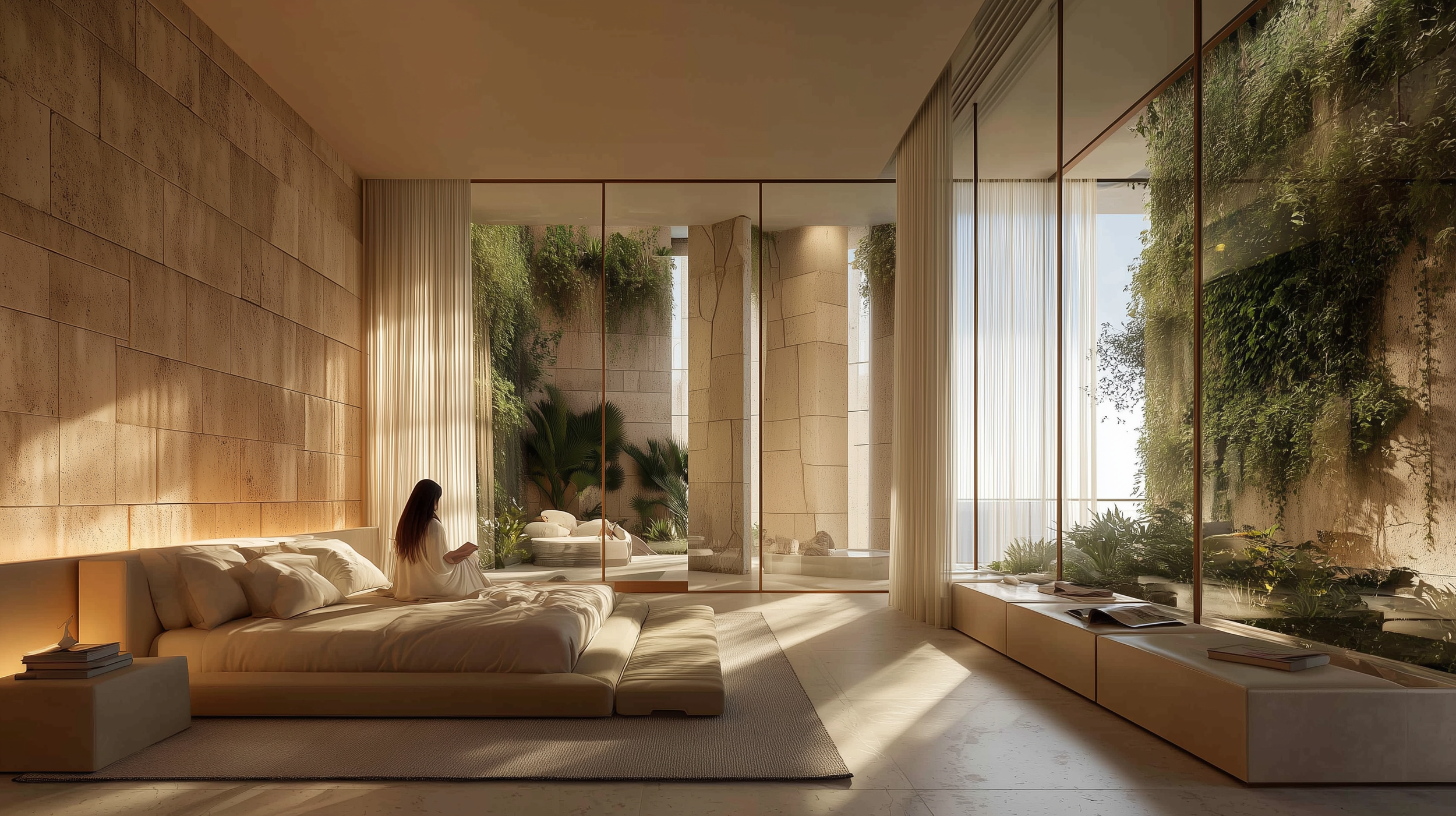 A woman sitting on a low bed with white bedding in a modern bedroom with large floor-to-ceiling glass windows and doors, curtains, and outdoor greenery.