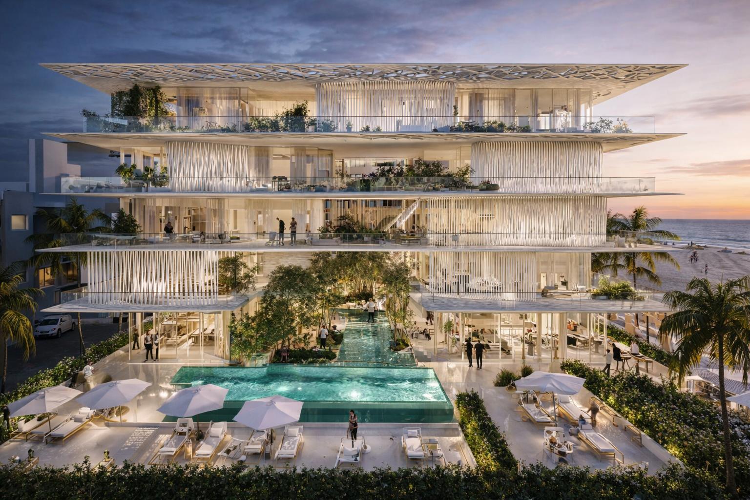 Luxury beachfront hotel with multiple floors, outdoor pools, lush landscaping, and ocean view at sunset.