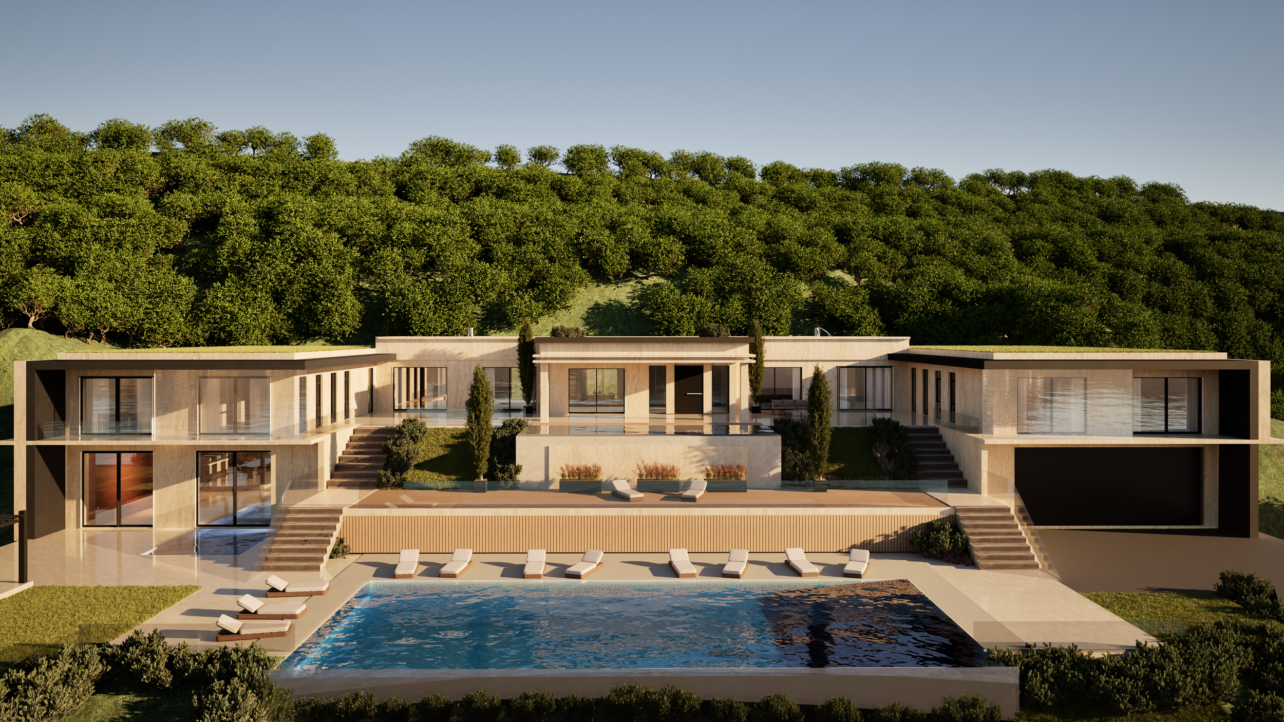 Modern multi-story house with pool and sun loungers, surrounded by greenery and trees in the background.