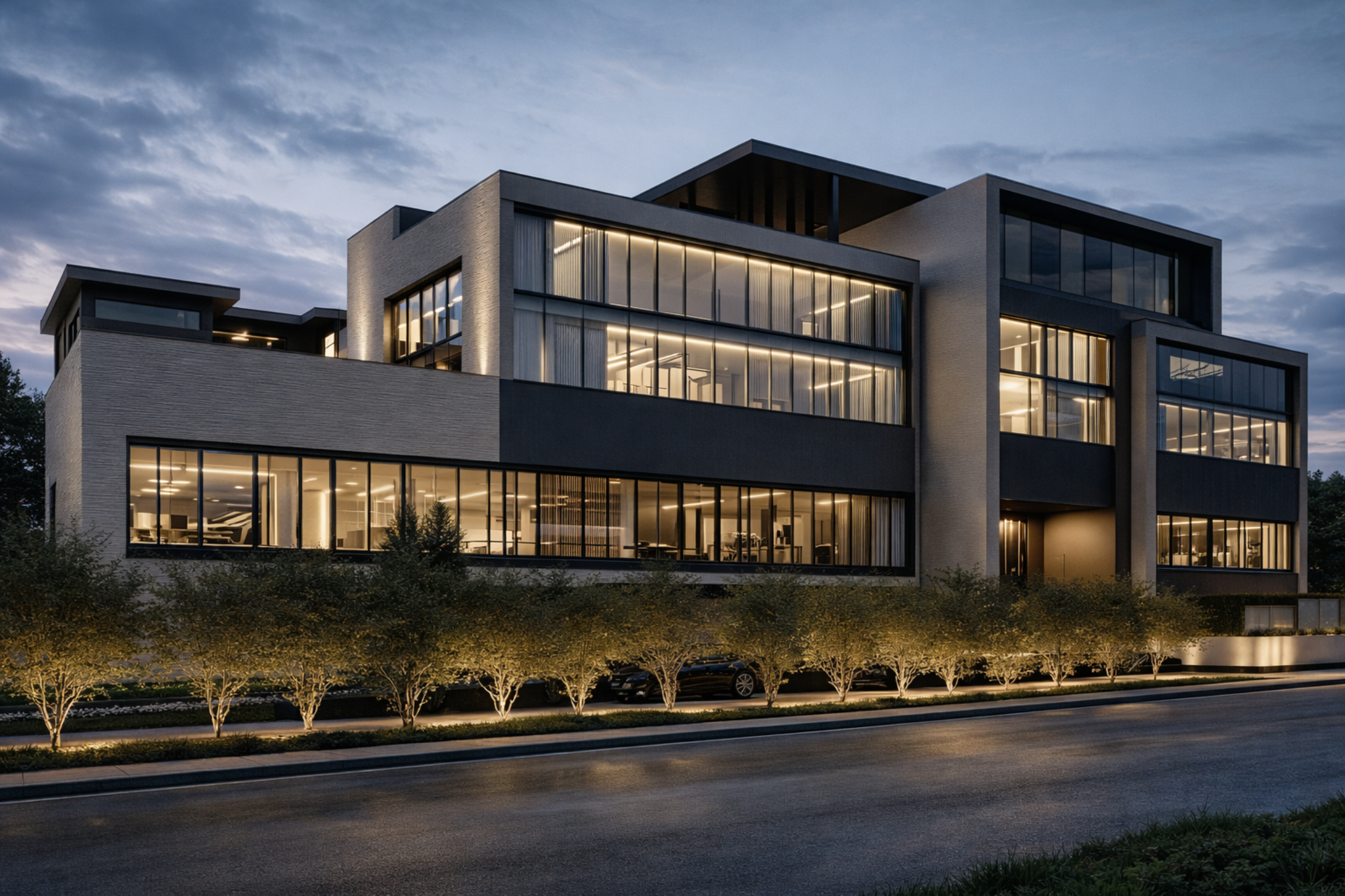 Modern multi-story office building with large glass windows illuminated inside, surrounded by small trees and parked cars at dusk.