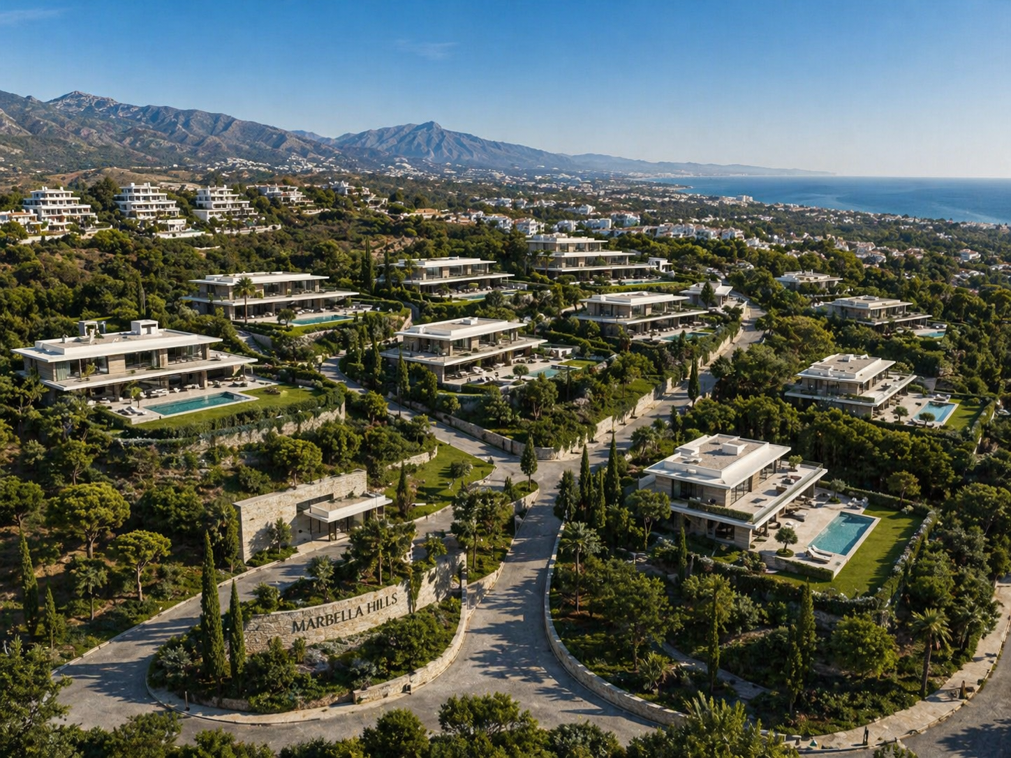 Aerial view of luxury modern houses with pools in Marbella Hills, lush greenery, and distant mountains and ocean in the background.