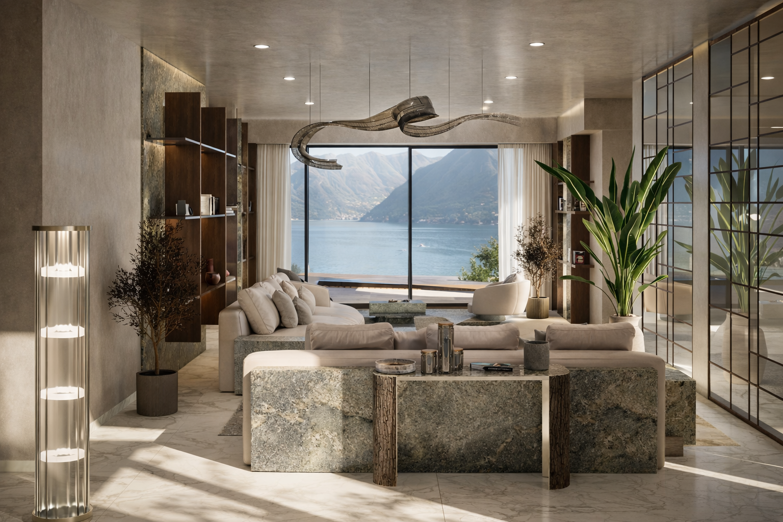 Modern living room with large window overlooking lake and mountains, beige sofas, tall green plants, and contemporary decor.