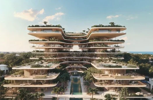Modern multi-story residential building with extended balconies and greenery, situated near a body of water.