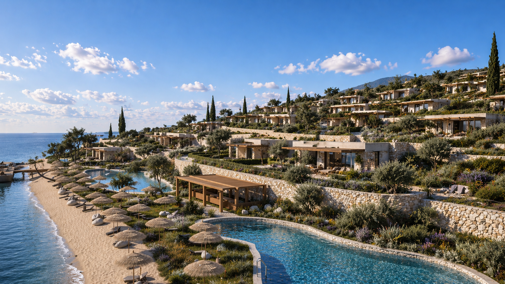 Luxury beachside resort with a winding pool, sandy beach with umbrellas, modern villas on a hillside, and the ocean in the background under a blue sky with scattered clouds.