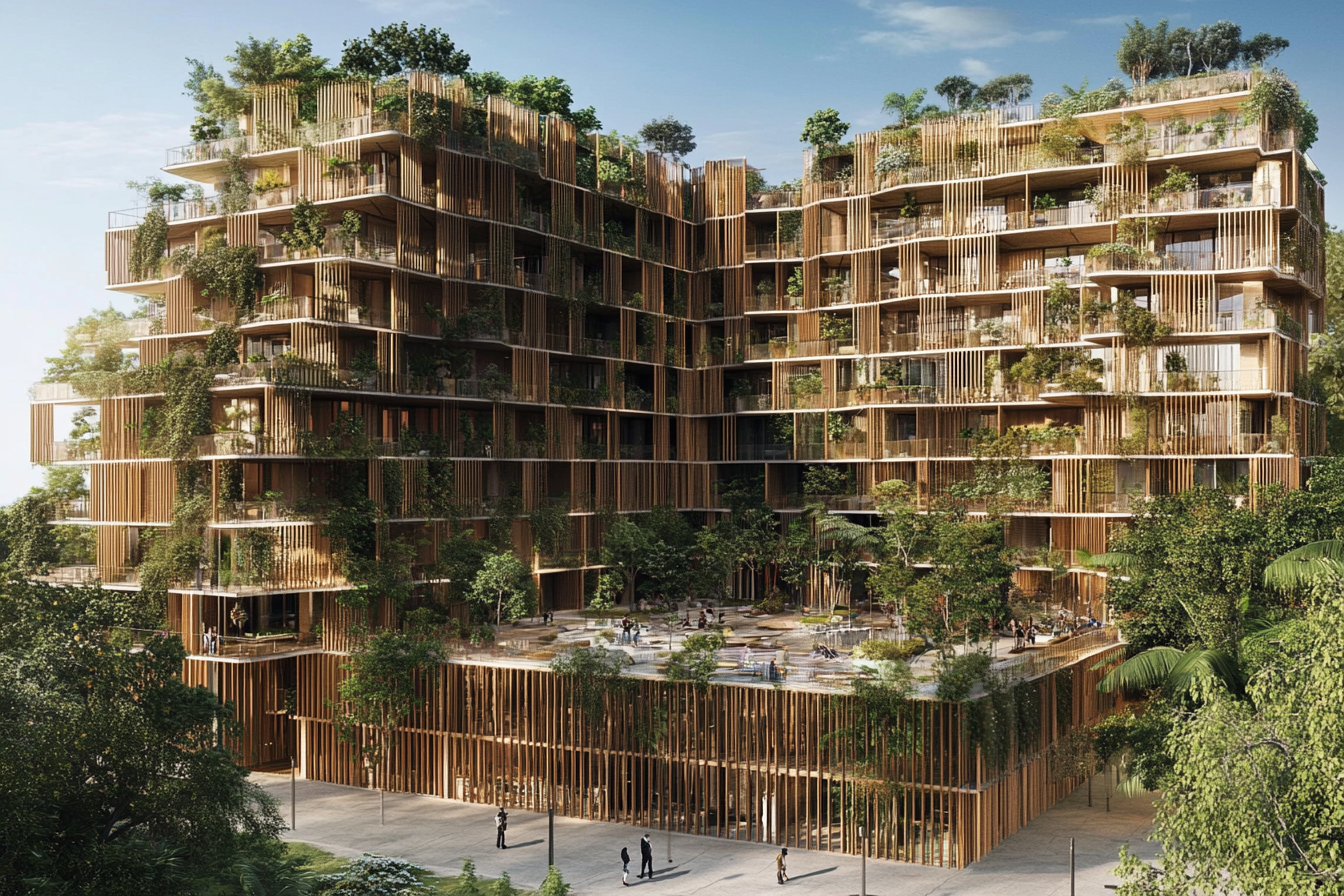 A modern multi-story building with lots of greenery and trees on balconies and the rooftop, featuring vertical wooden slats and large glass windows.