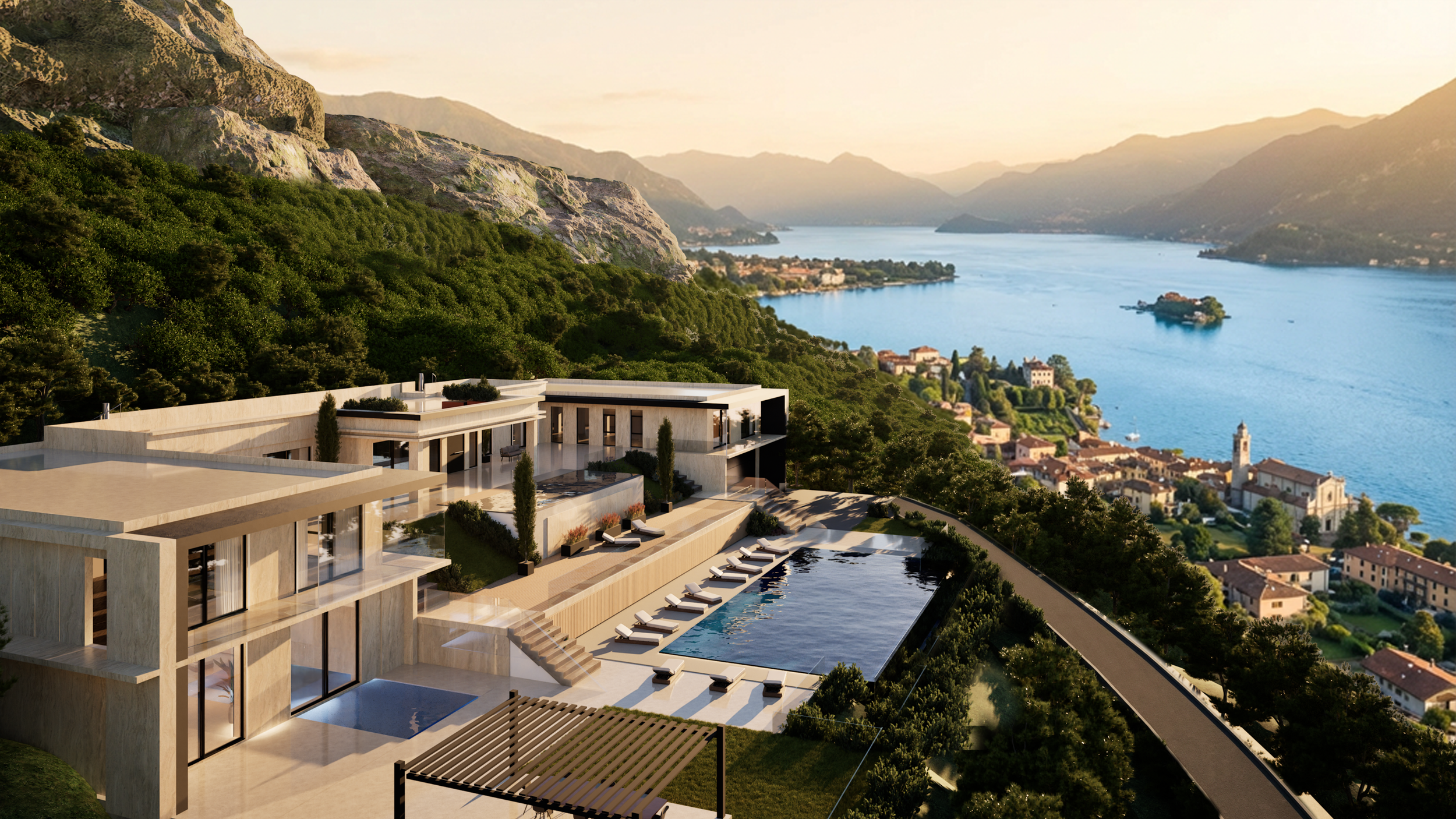 A modern house with a rooftop pool overlooking a lake and mountains.