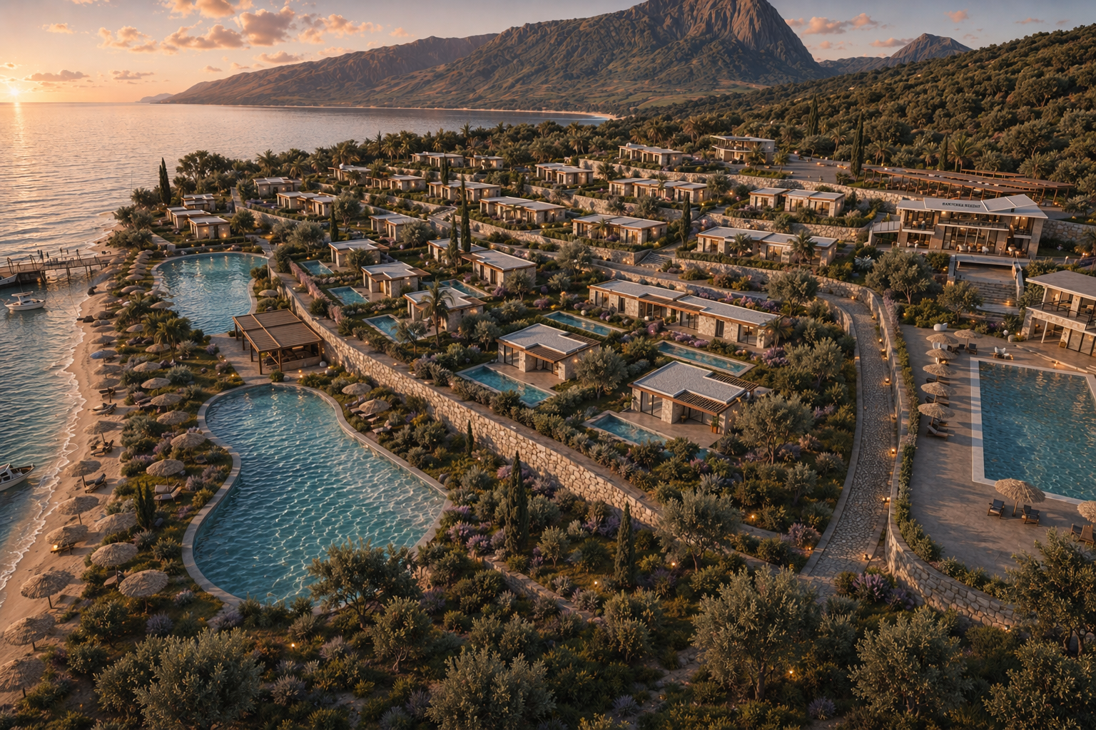 Aerial view of a luxury resort with multiple swimming pools, bungalow-style accommodations, lush greenery, and a coastline with mountains in the background at sunset.