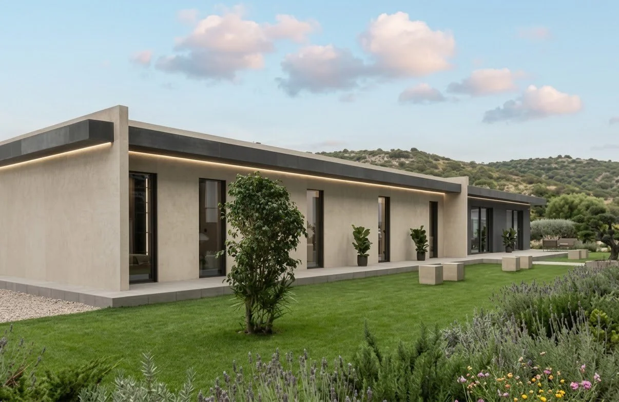 Modern single-story house with flat roof, large glass doors, and beige exterior walls, set in a landscaped yard with trees, shrubs, and benches, with a hilly background under a partly cloudy sky.