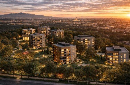 A residential community with multiple modern apartment buildings illuminated at sunset, surrounded by trees and greenery.