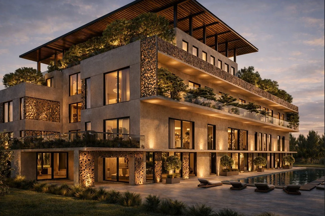 Luxury modern multi-story house at sunset with illuminated windows, outdoor swimming pool, lounge chairs, and landscaped greenery.