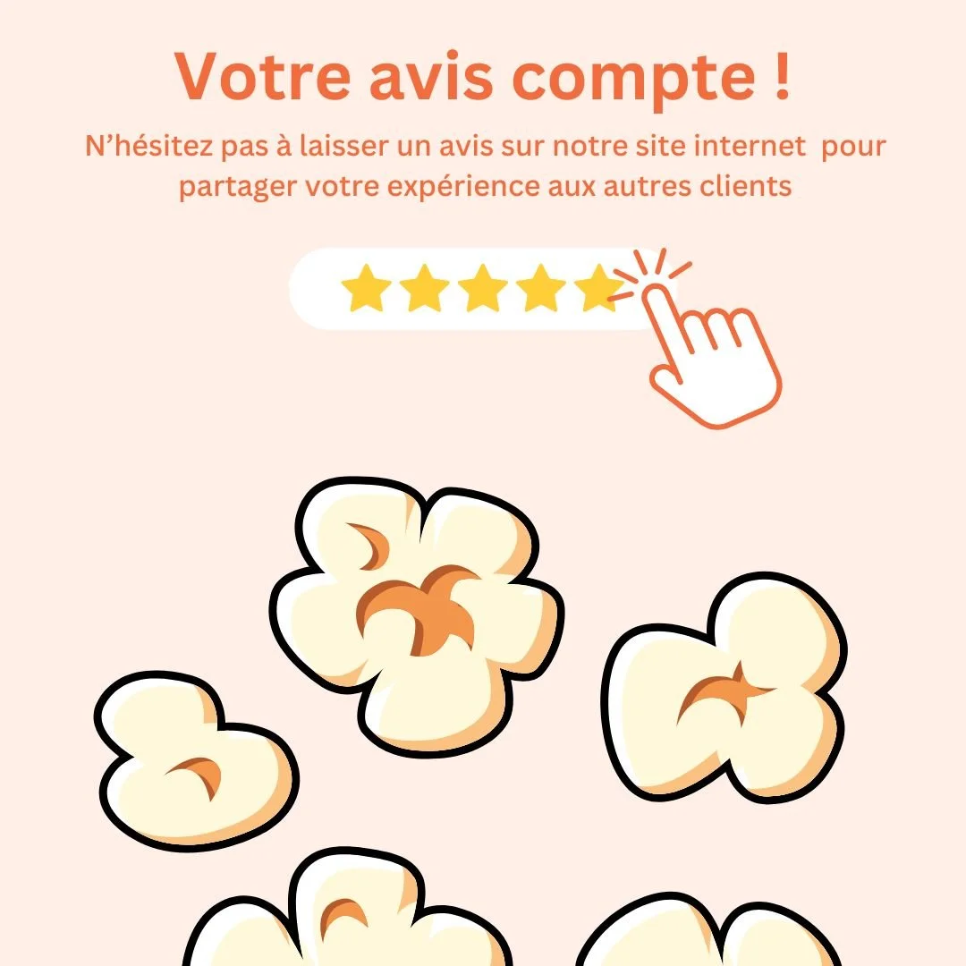 Affiche demandant aux clients de laisser un avis en ligne avec un exemple de notation de cinq étoiles et une illustration de popcorn.