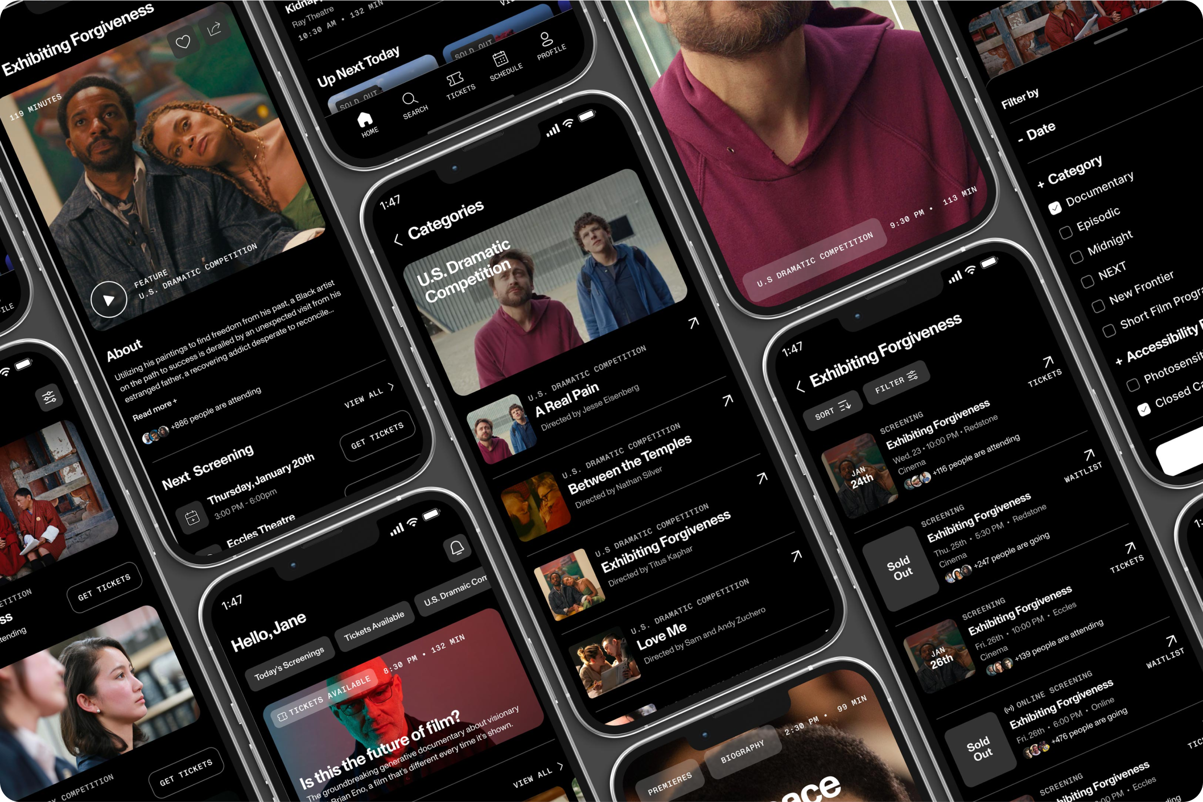 A digital collage of multiple smartphone screens showing movie and event ticket booking apps with various film posters, event details, and categories.