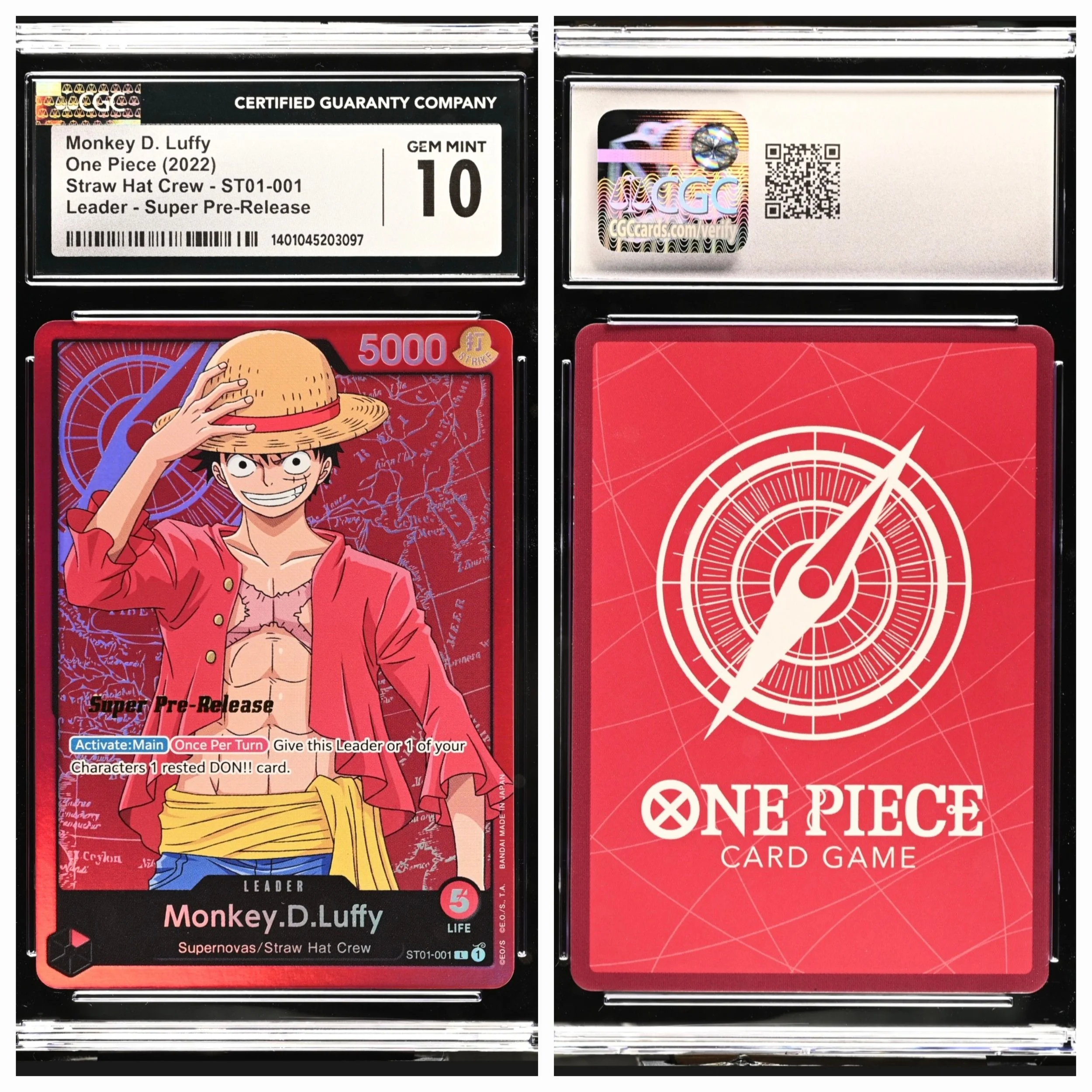 One Piece Super Pre-Release Leader ST01-001 Monkey D Luffy CGC 10 GEM MINT