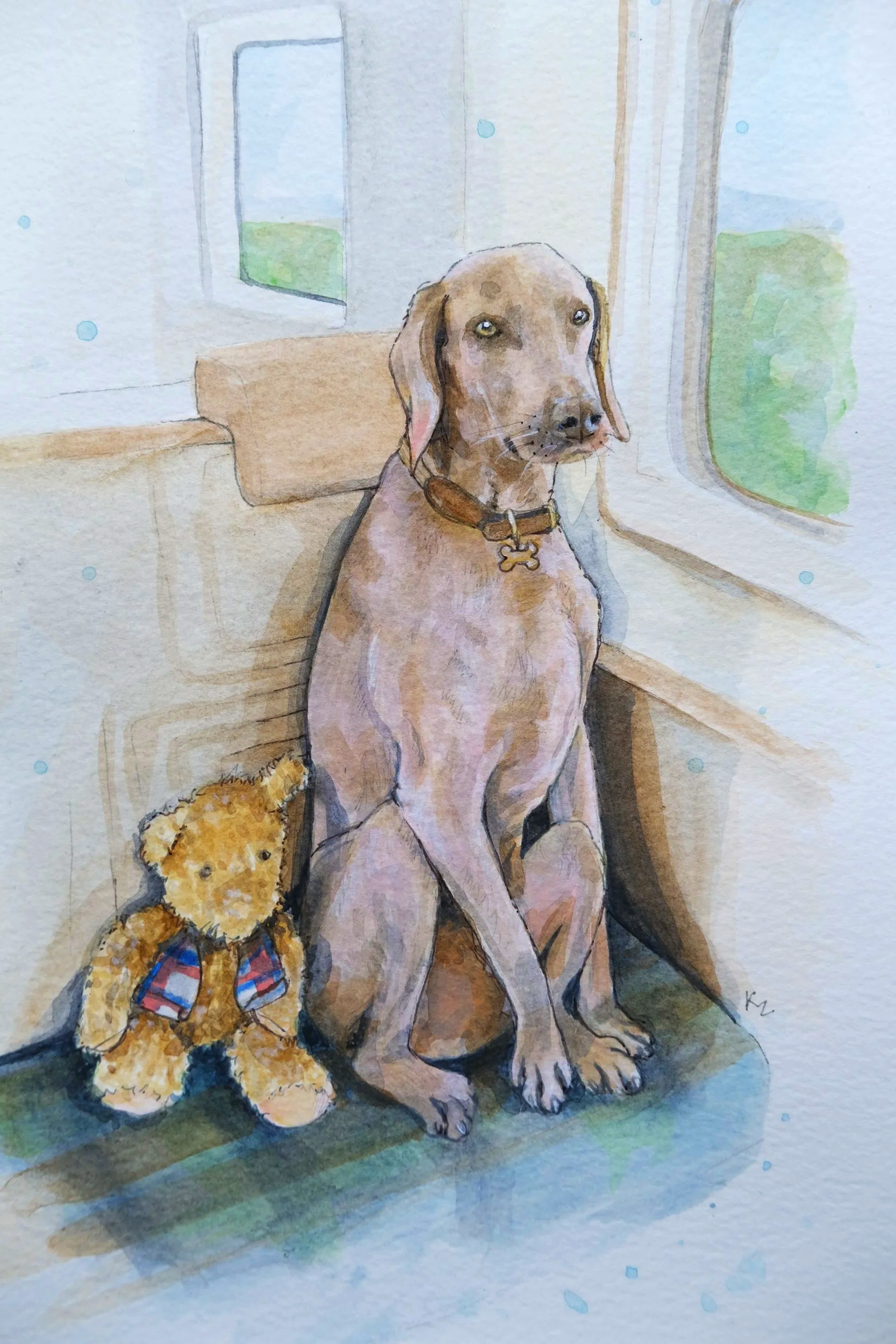 Watercolor painting of a brown dog with a collar sitting on a train seat, with a teddy bear beside it, looking out the window.