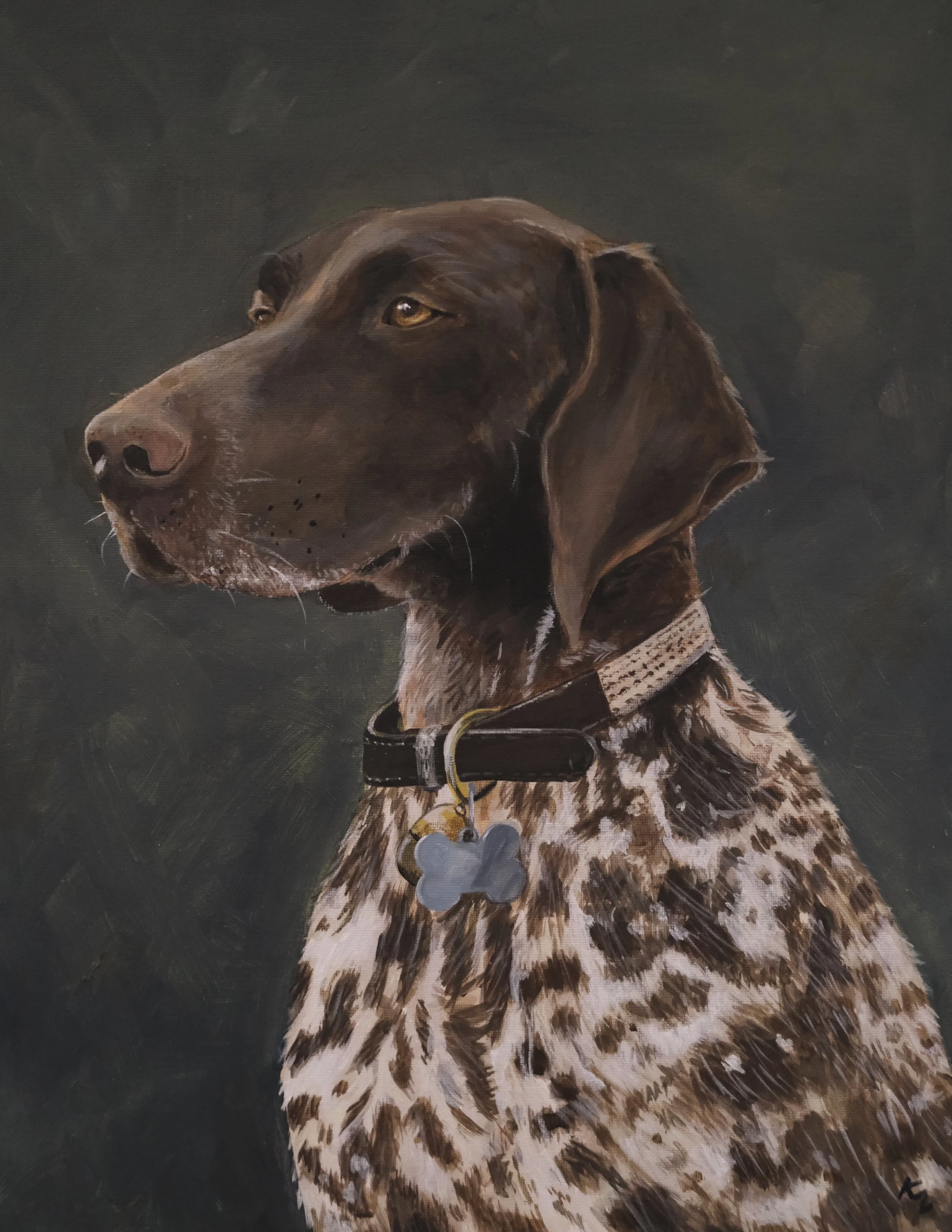 Painting of a brown dog with a white and brown patterned coat, wearing a collar with a dog tag, against a dark background.