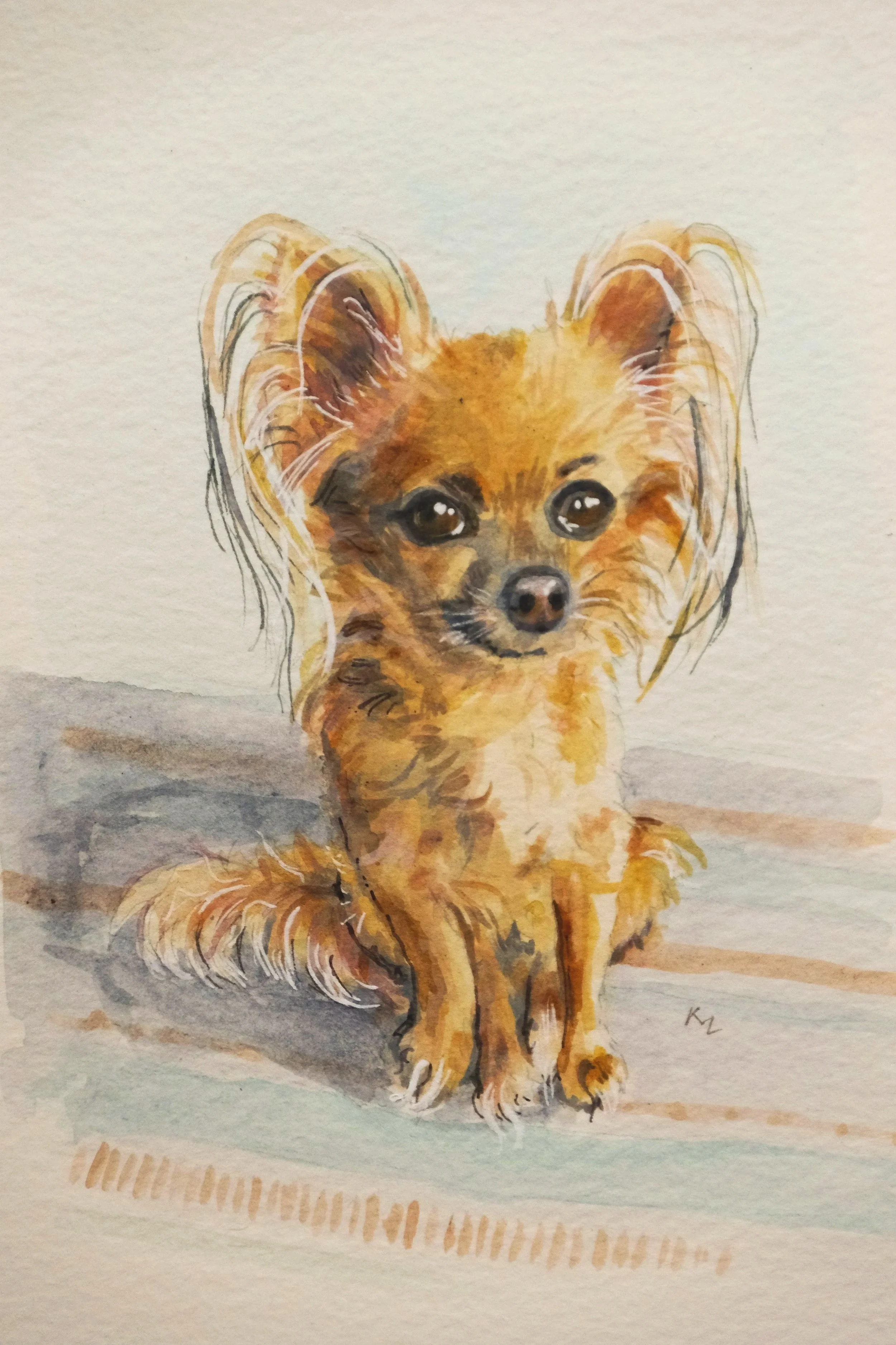 Watercolor painting by Kerry Regan @painterlykerry of a small, tan and brown chihuahua dog with large ears and dark eyes, sitting on a wooden surface against a plain background.