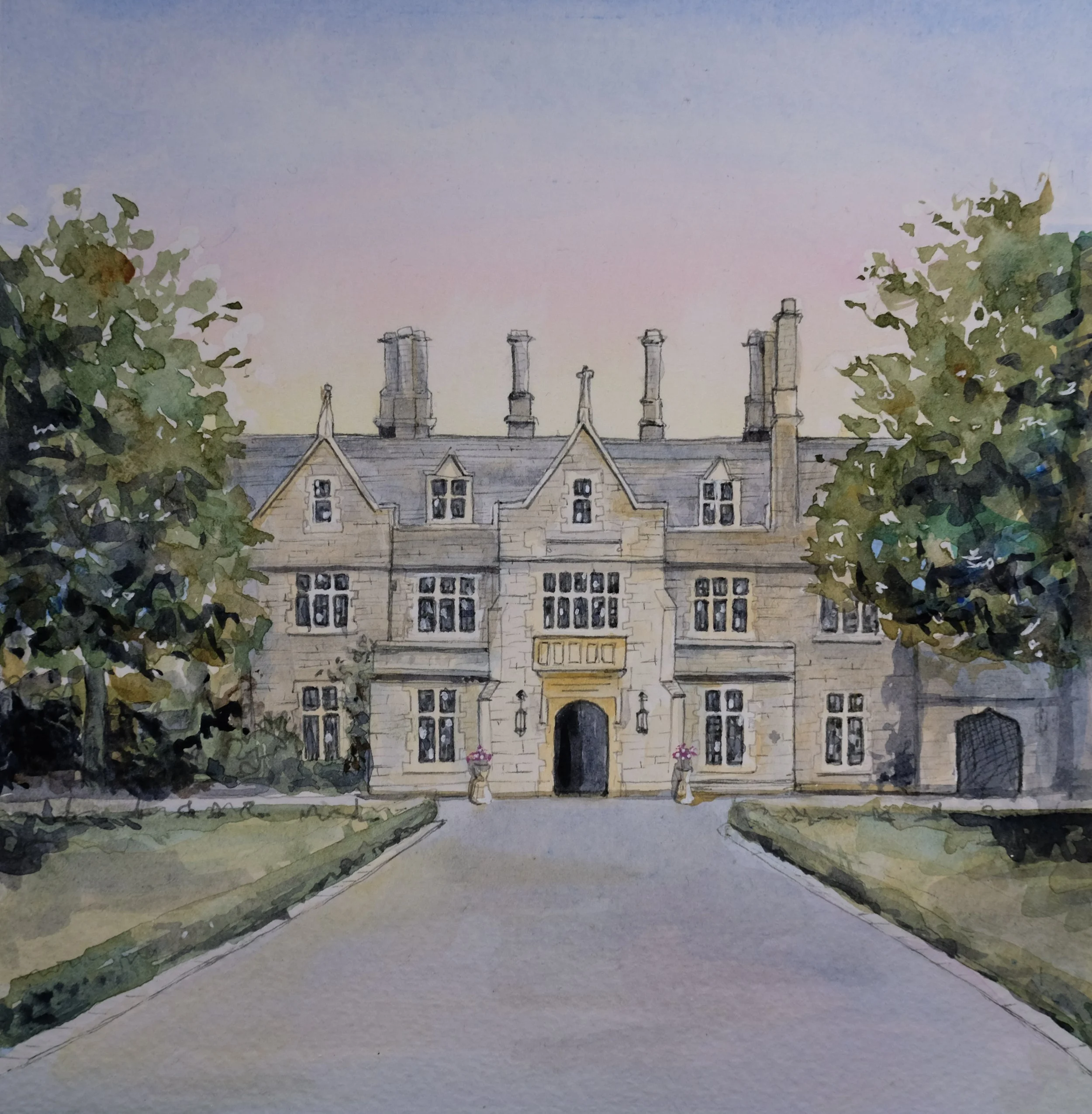 Painting of Foxhills Golf club and wedding Venue in Ottershaw, Surrey.  Grand sandy coloured brick building with a soft sunset behind. A long driveway infront is flanked by grass and leafy trees. Painted by Kerry Regan. 