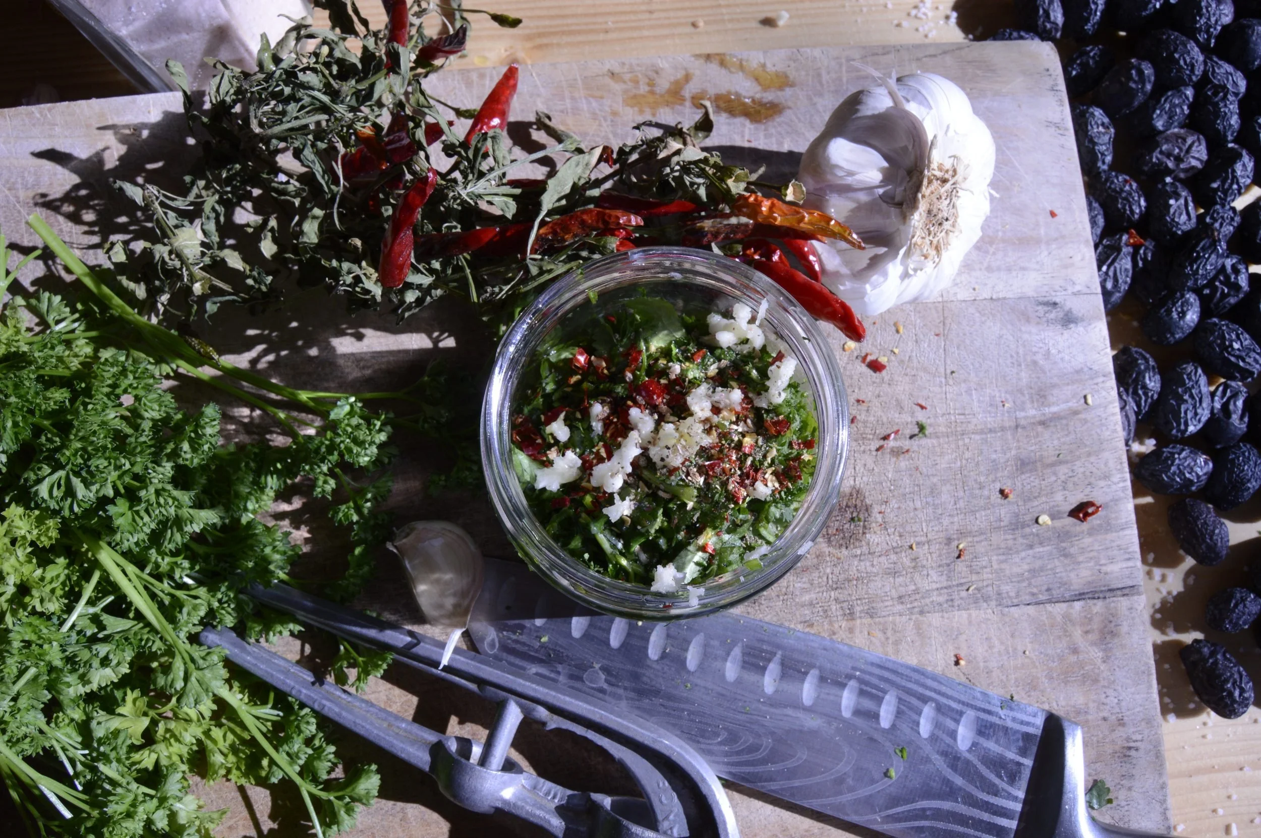 Fresh herbs and chillies salsa preparation