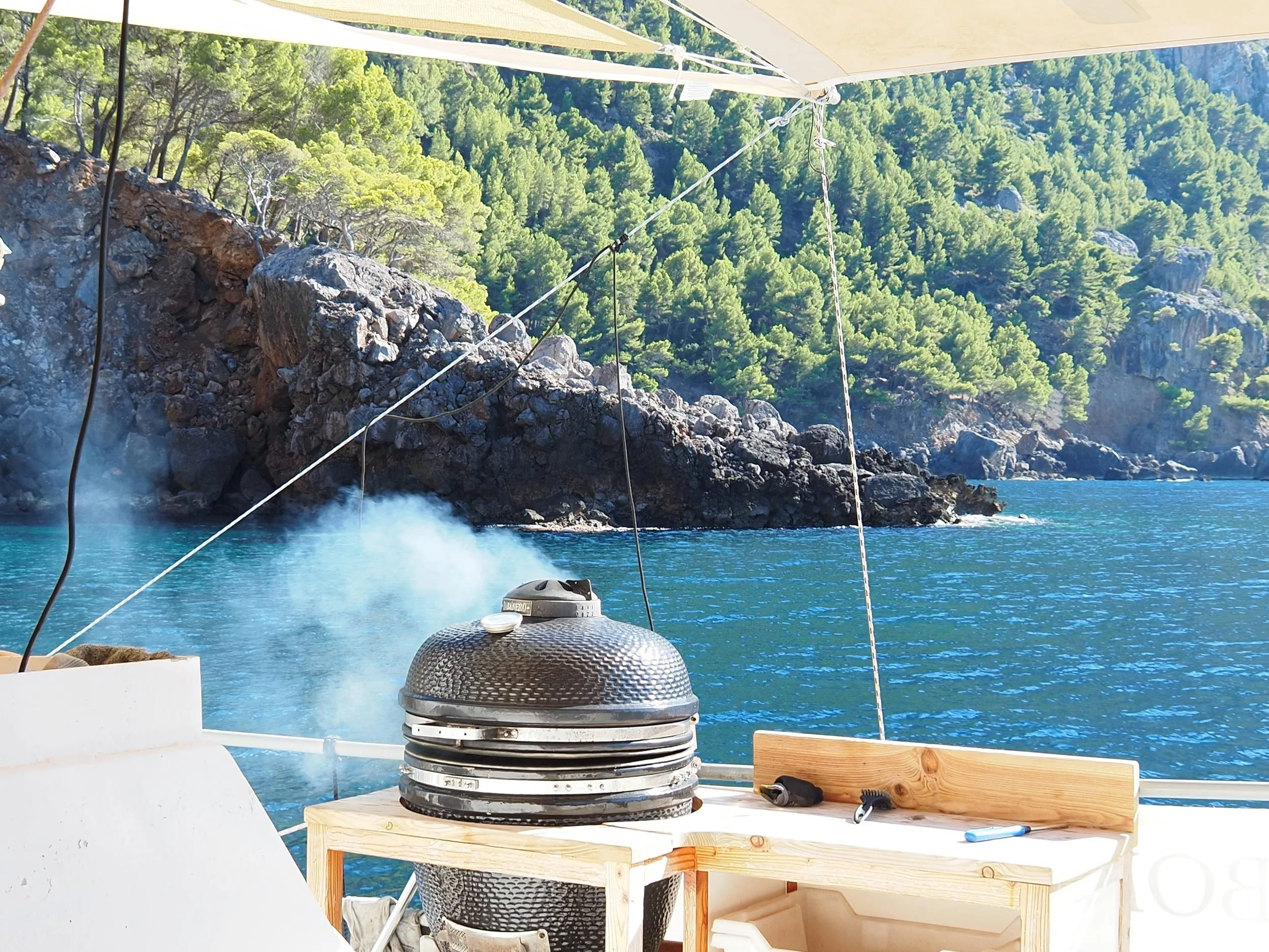 Onboard BBQ Big Green Egg at anchor Mallorca