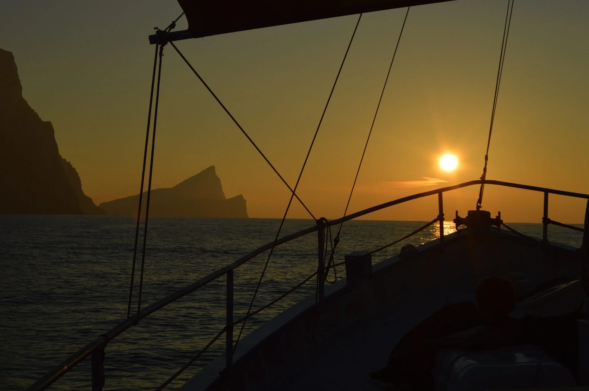 Sunset from deck beneath rigging Tramuntana