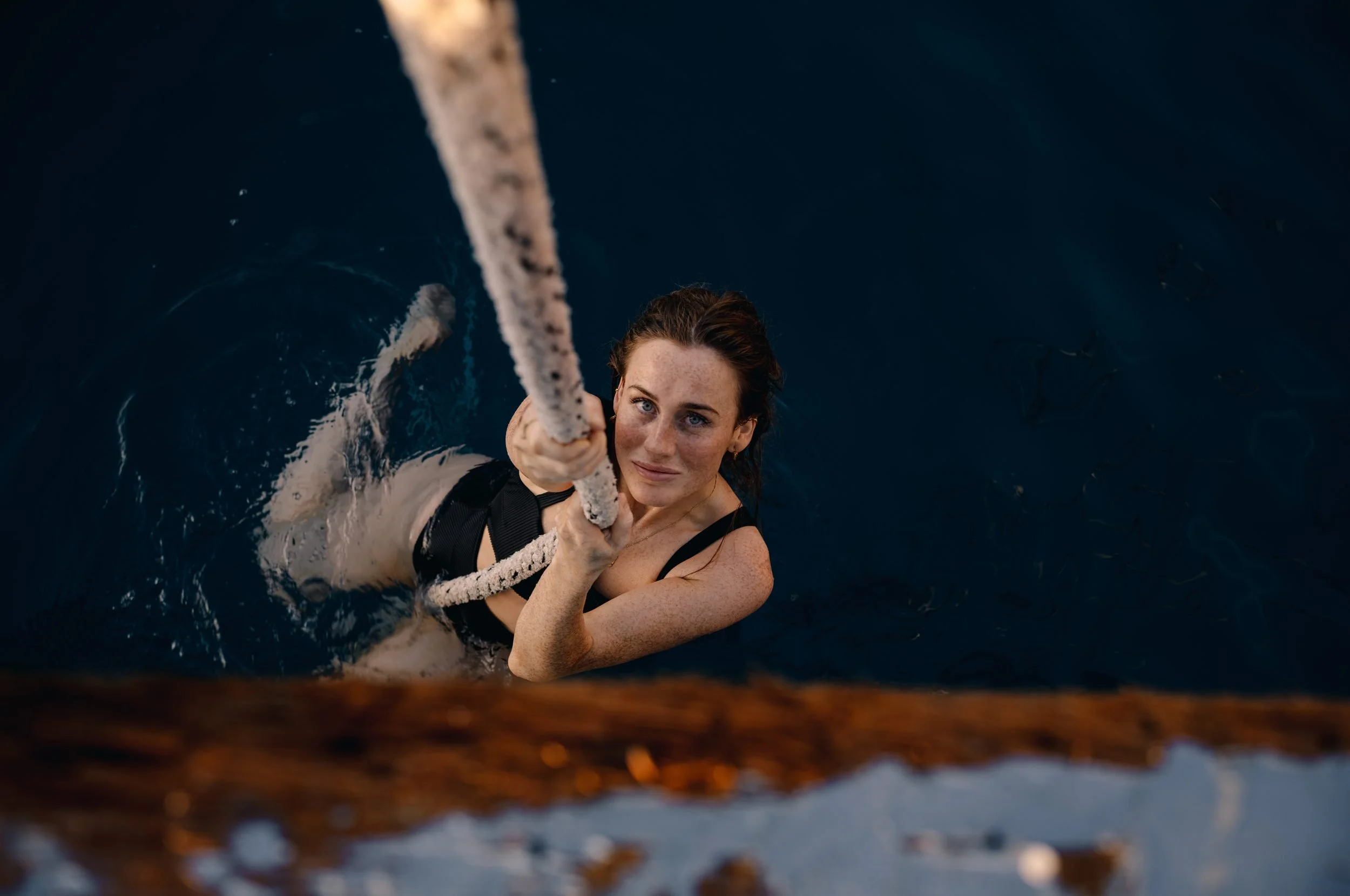 Swimmer on boarding ladder Bonnie Lass
