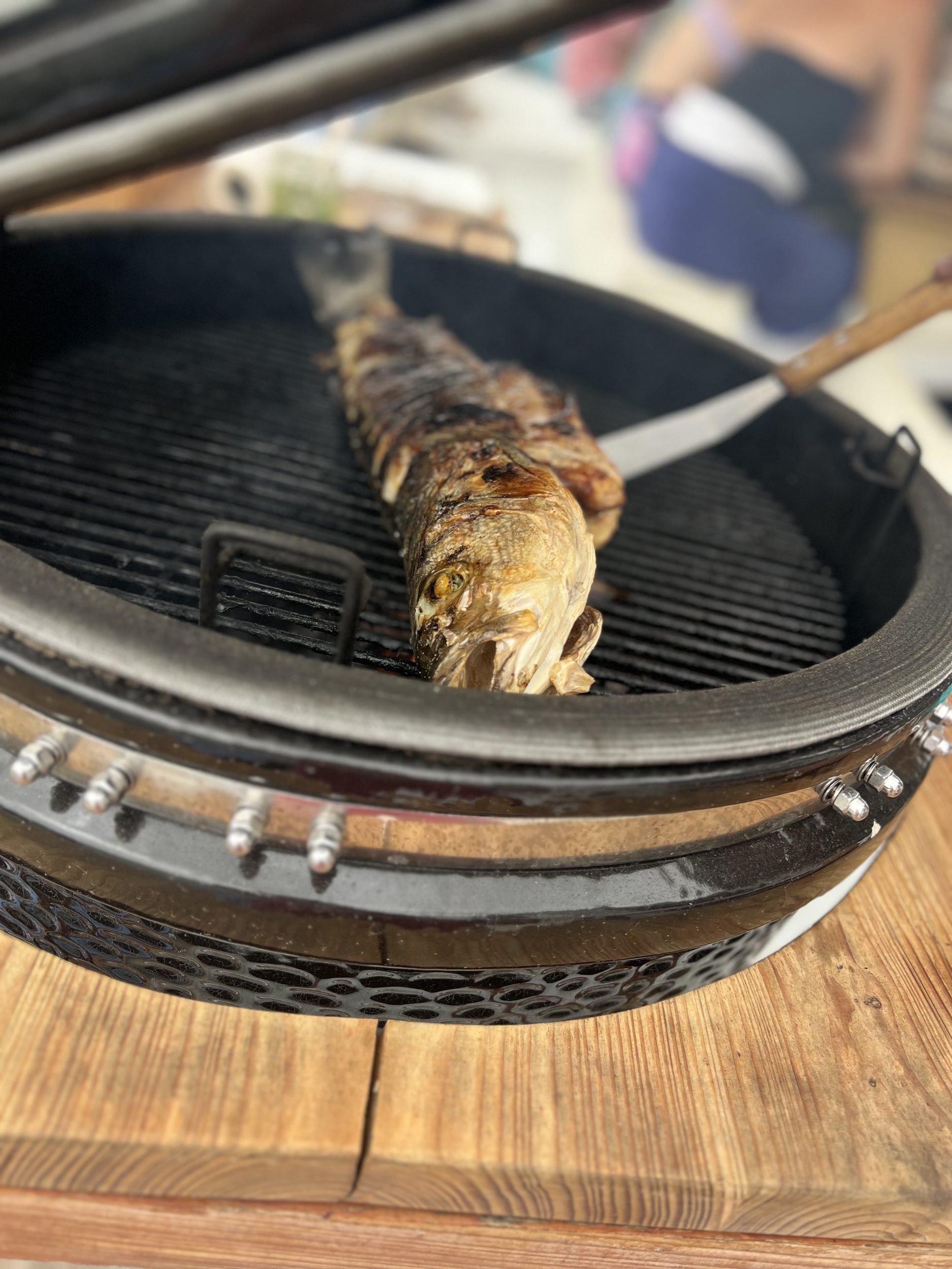 Whole fish on Big Green Egg BBQ aboard