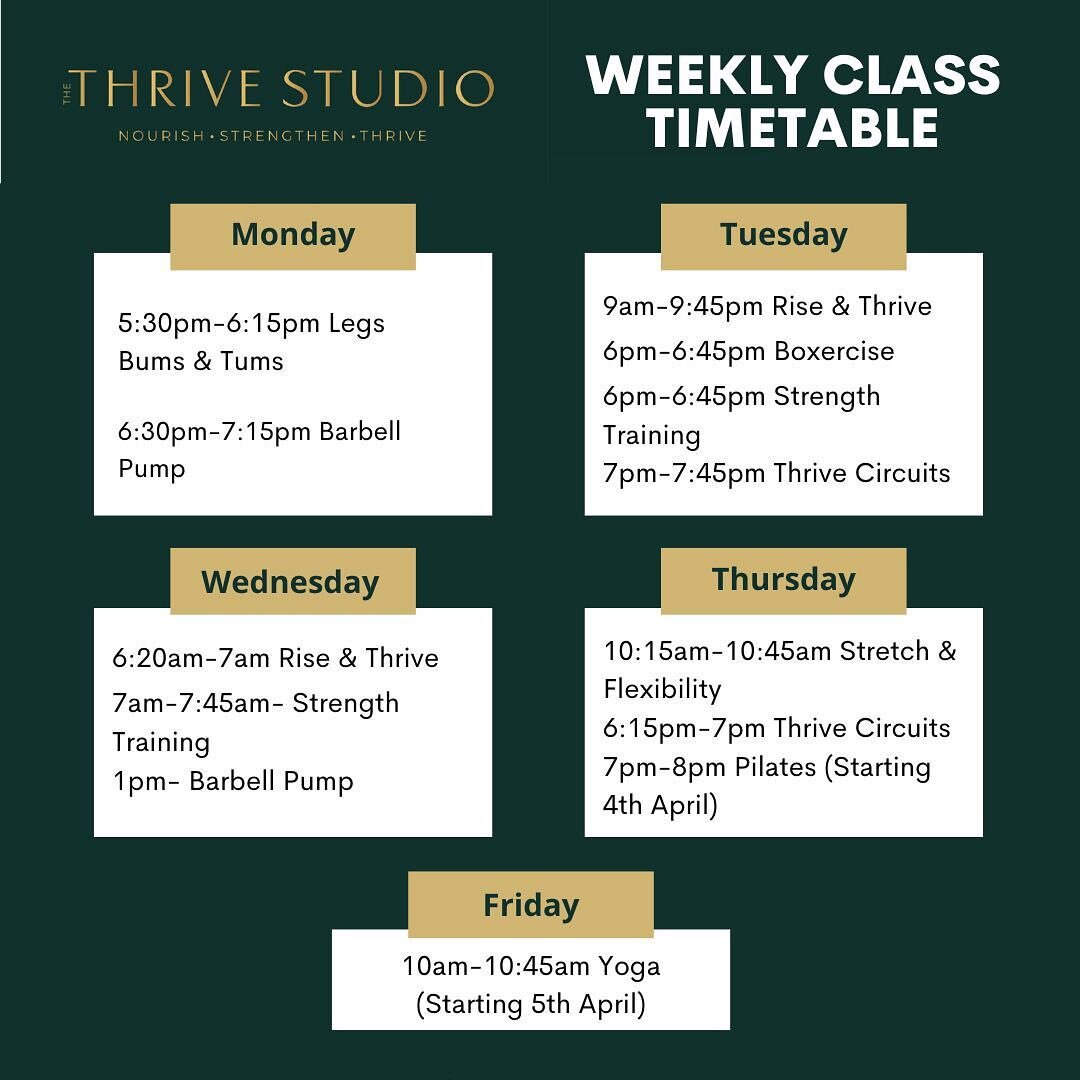 THE BOOKING SYSTEM IS NOW LIVE 🥳🎉

Classes include: 
&bull;Legs Bums &amp; Tums
&bull;Barbell Pump
&bull;Rise &amp; Thrive 
&bull;Boxercise 
&bull;Strength Training
&bull;Thrive Circuits 
&bull;Pilates (starting 4th April)
&bull;Yoga (starting 5th 