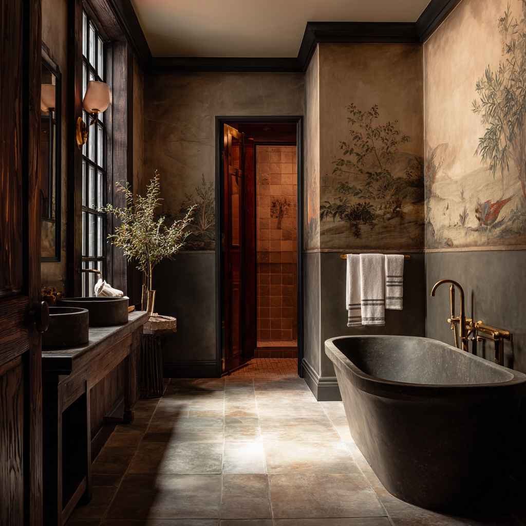 Luxurious bathroom with dark wood accents, a black freestanding bathtub, painted wall murals of nature scenes, and a small shower area in the background. Luxury hotel guest bath suite design.