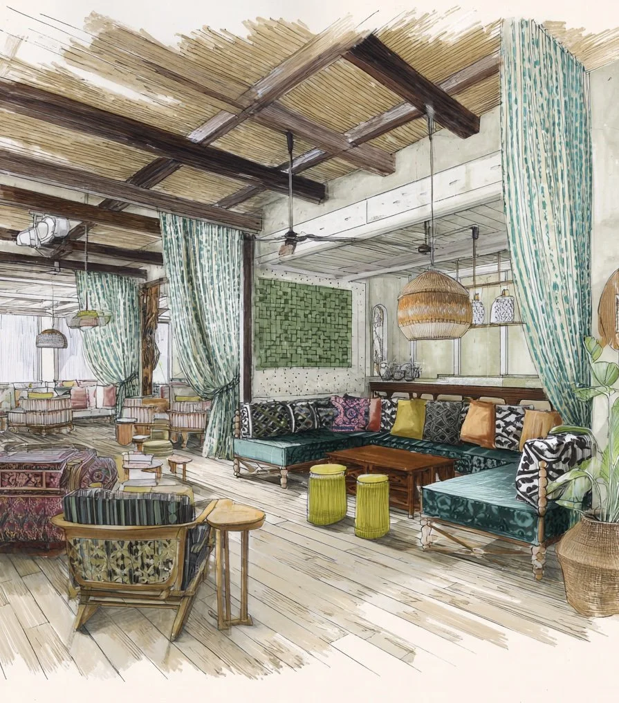 A cozy interior with rustic wooden ceiling beams, green and white curtains, a sectional sofa with multicolored pillows, a wooden coffee table, and an armchair with a side table, in a well-lit room with wooden flooring. Boutique hotel design.