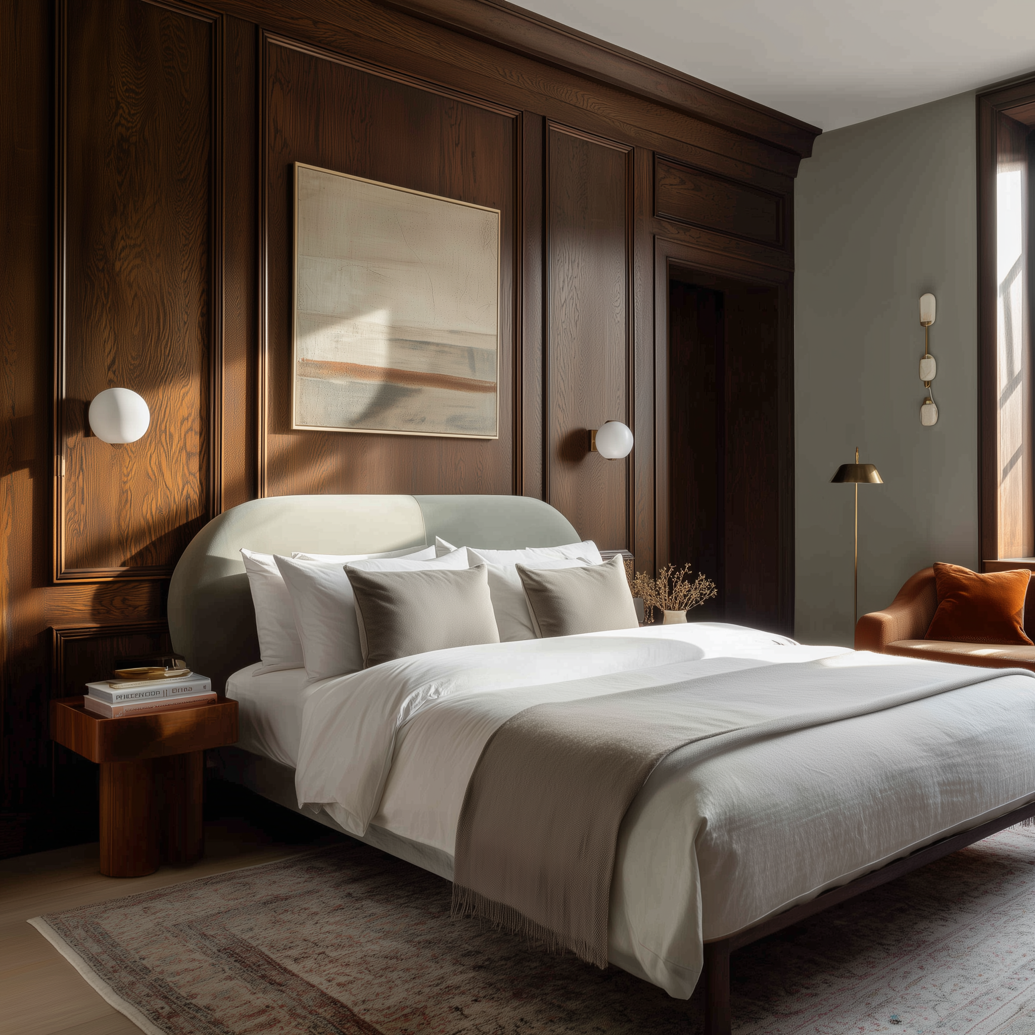 Modern bedroom with wooden wall panels, a bed with white bedding and beige pillows, a side table with books, and a sitting area with a brown armchair and a gold floor lamp. Boutique hotel guest suite design.