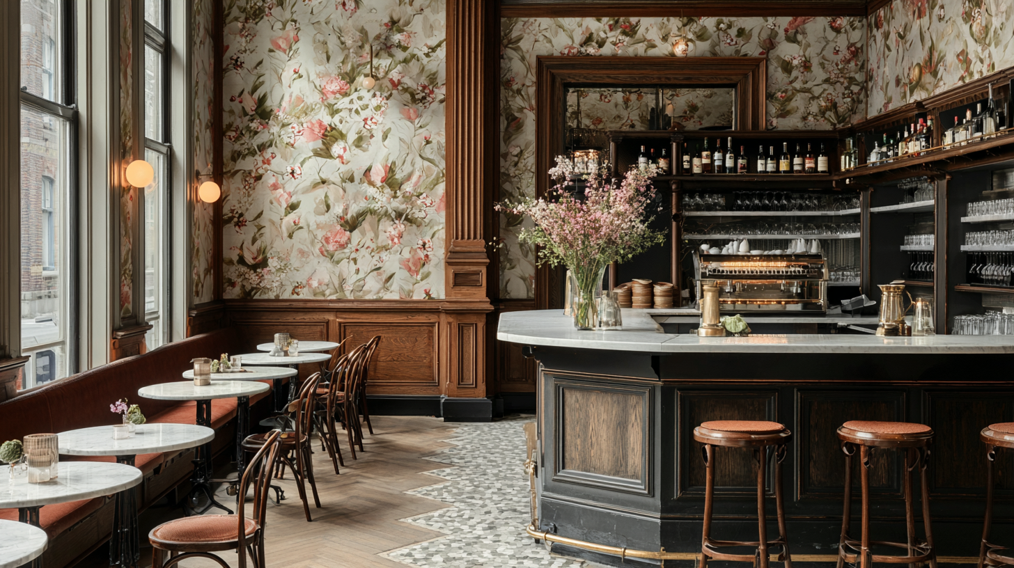 Elegant restaurant interior with floral wallpaper, a black marble bar with gold accents, and white marble tables with wooden chairs and pink cushions. Boutique hospitality design.