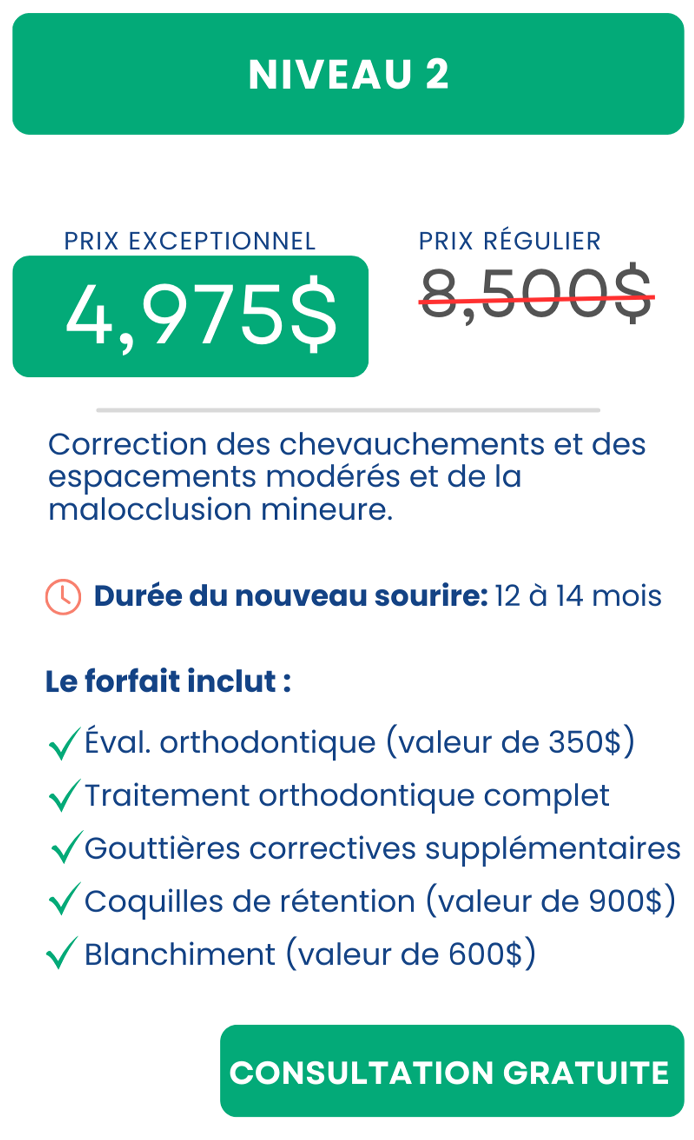 Une publicité pour une offre à 4,975 dollars, avec une réduction par rapport au prix régulier de 8,5 dollars, proposant des services d'orthodontie, incluant une évaluation, traitement, gouttières, coques de rétention et blanchiment, avec une consultation gratuite.