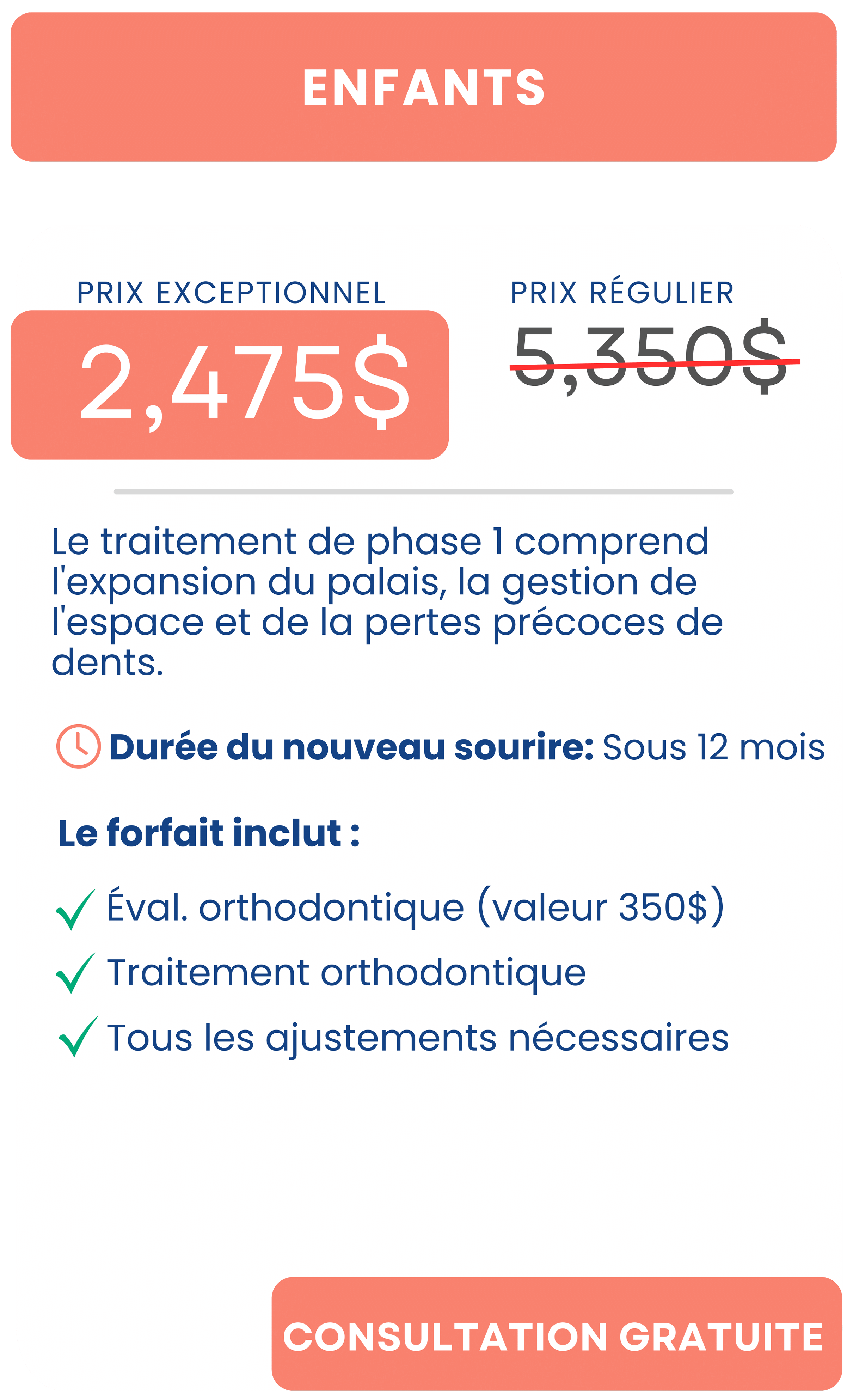 Page publicitaire pour un traitement d'orthodontie pour enfants, avec un prix exceptionnel de 2,475$ au lieu de 5,350$, incluant une évaluation orthodontique, un traitement et tous ajustements, avec consultation gratuite.