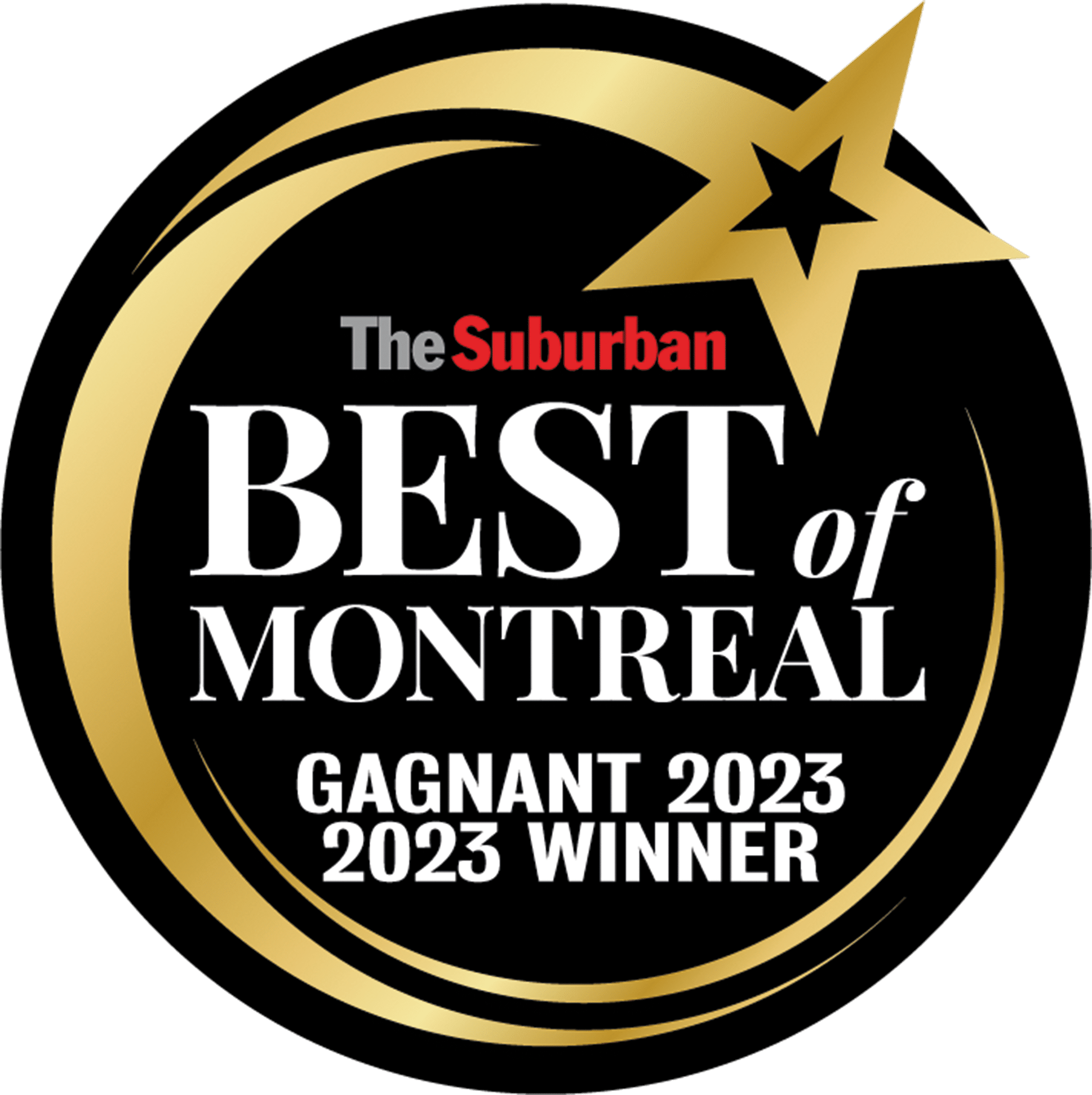 Logo de l'obtention du prix 'Best of Montreal 2023' par The Suburban, avec une étoile dorée et un cercle noir et or.