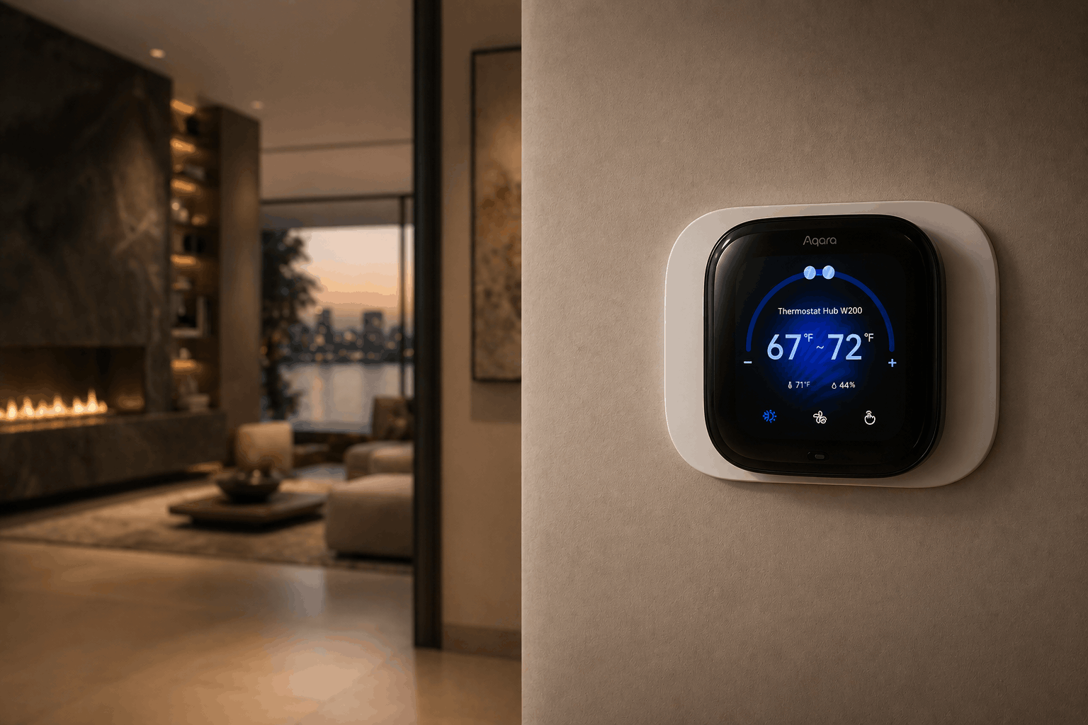 Smart thermostat on wall displaying temperature between 67 and 72 degrees Fahrenheit, in a modern living room with fireplace and large window showing sunset view.