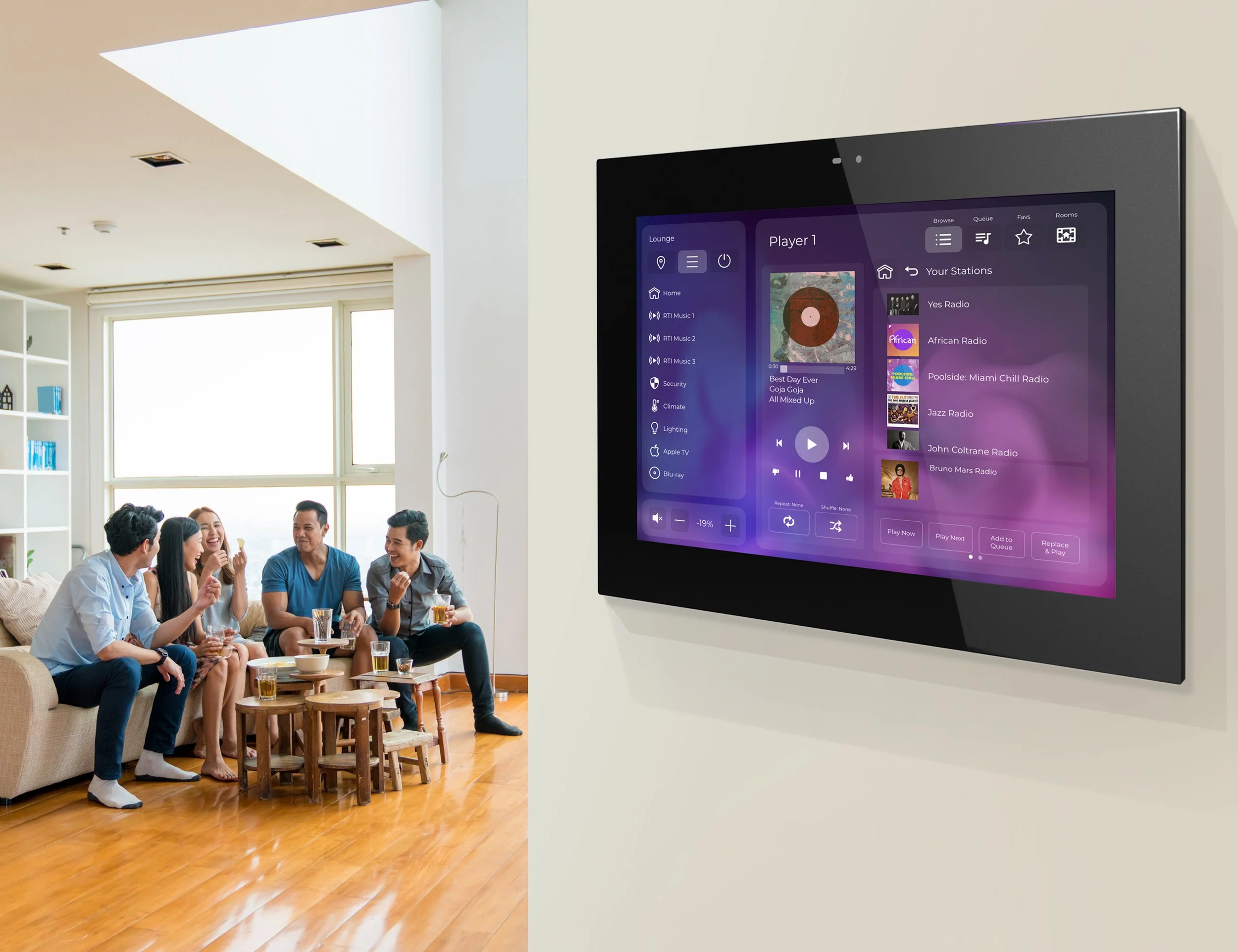 Group of people socializing in a living room with a digital home automation interface on a wall screen.