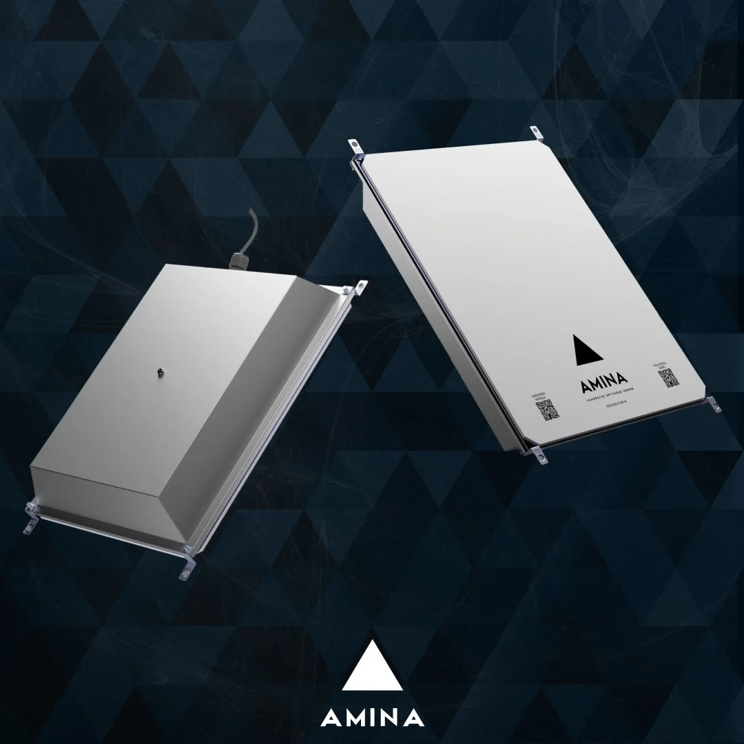 Two Amina branded speaker panels against a geometric background.
