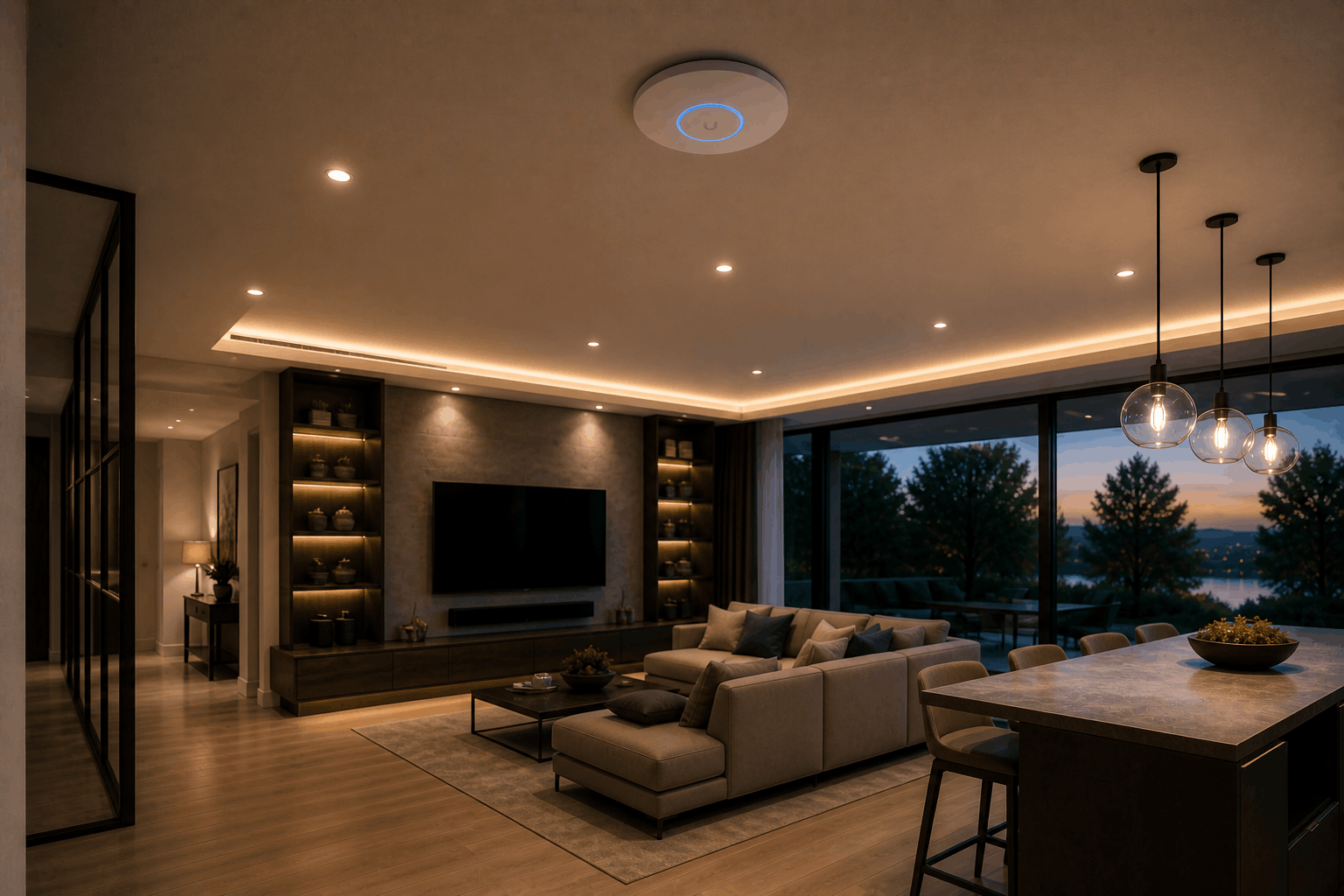 Modern living room with a beige sectional sofa, a wall-mounted flat-screen TV, built-in shelves with decor, a coffee table, and large windows with a view of trees at sunset.