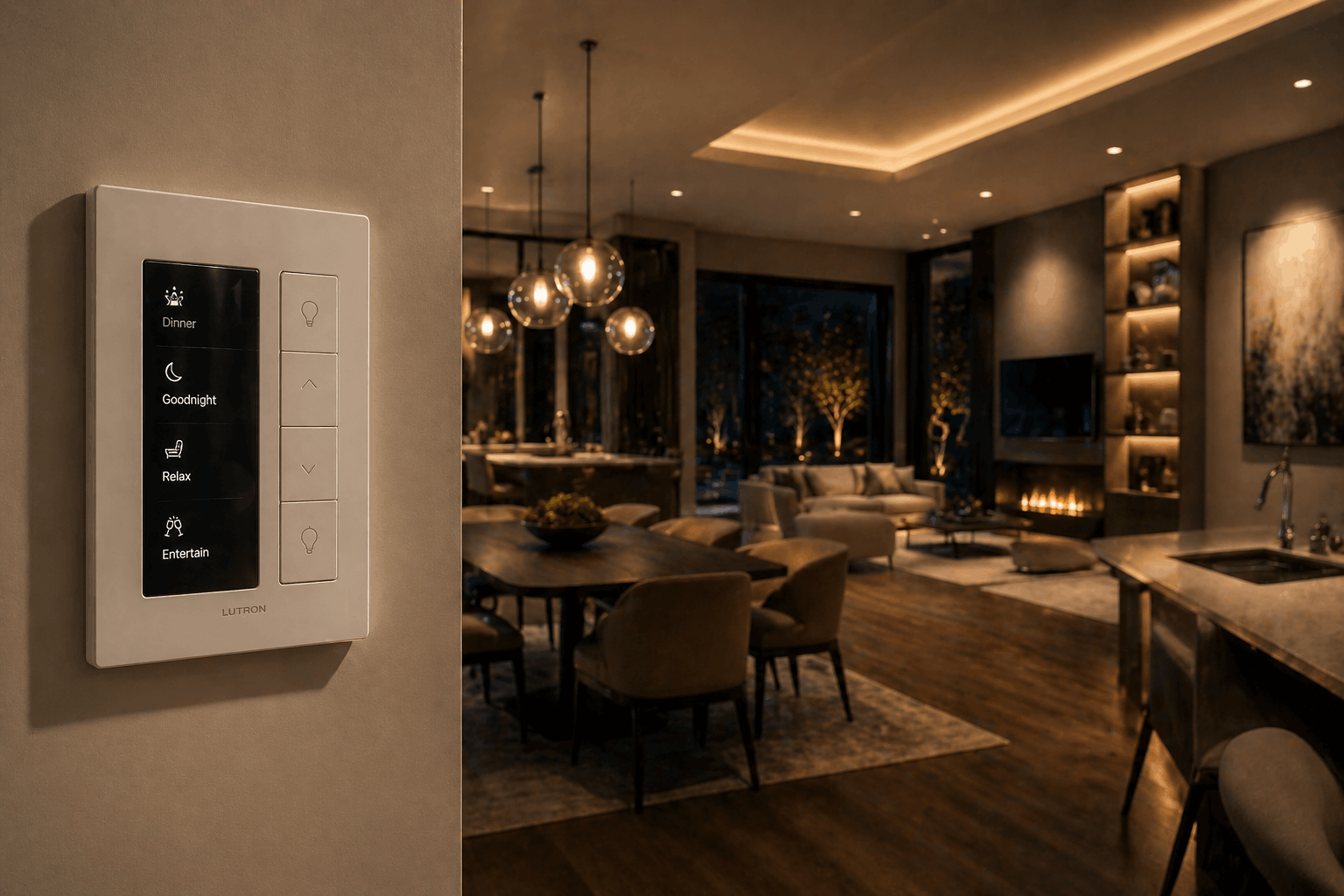 Smart home lighting control panel mounted on a wall in a cozy, modern living room with a dining area, sofa, television, and fireplace, illuminated with warm lighting.