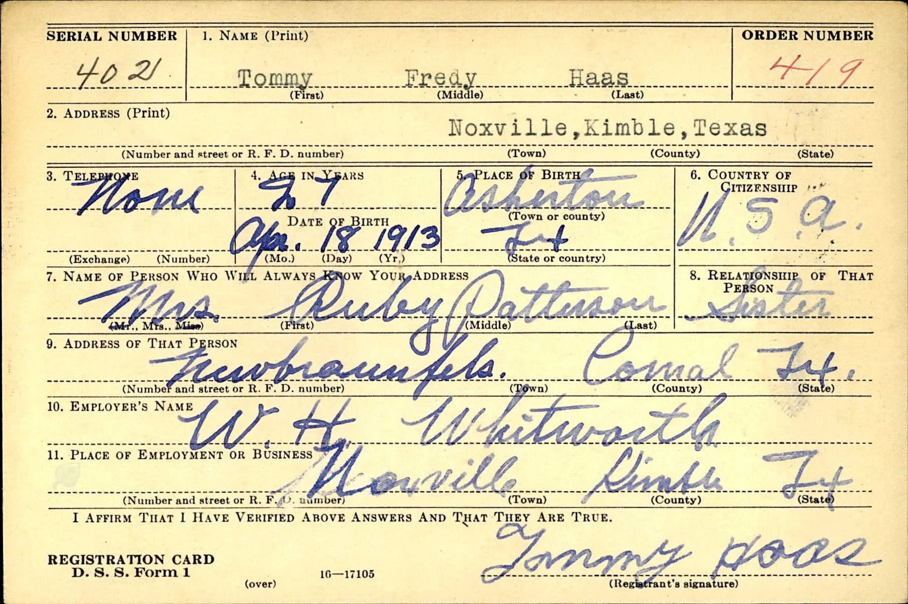 Tommy Fredy Haas WWII Draft Card Front.jpg