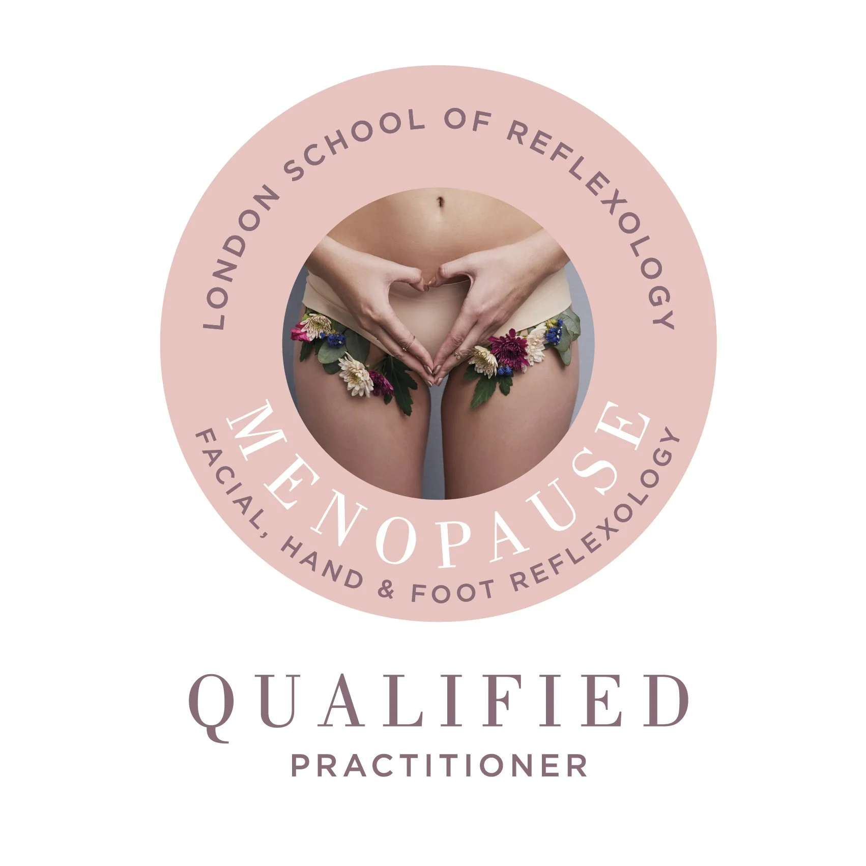 Certification badge for a qualified practitioner in facial, hand, and foot reflexology, featuring a central image of a person with hands forming a heart shape over the lower abdomen and flowers on the hips, surrounded by text indicating the London School of Reflexology and My NapAus.