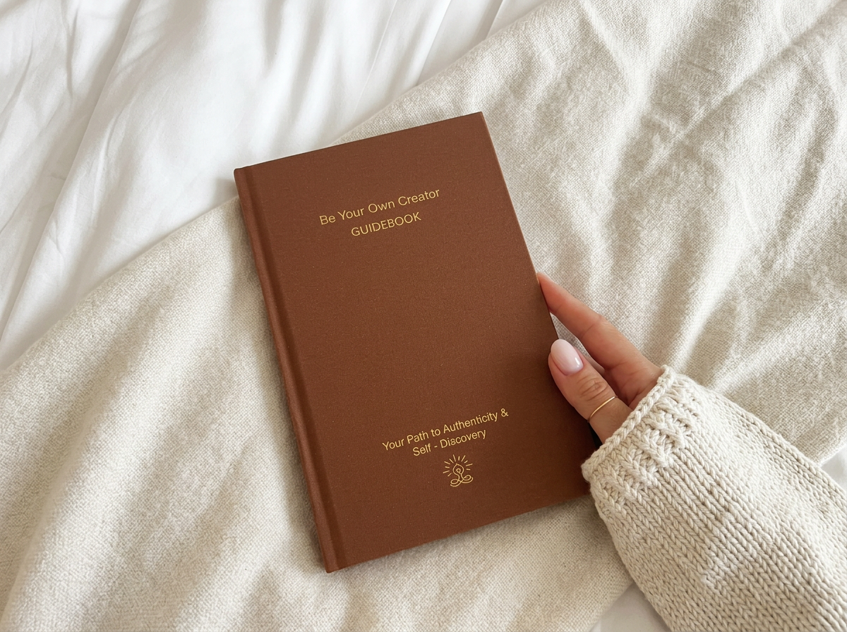 Be Your Own Creator Guidebook, Brown Linen, Journal, Closed, Handheld, in bed, linen blanket