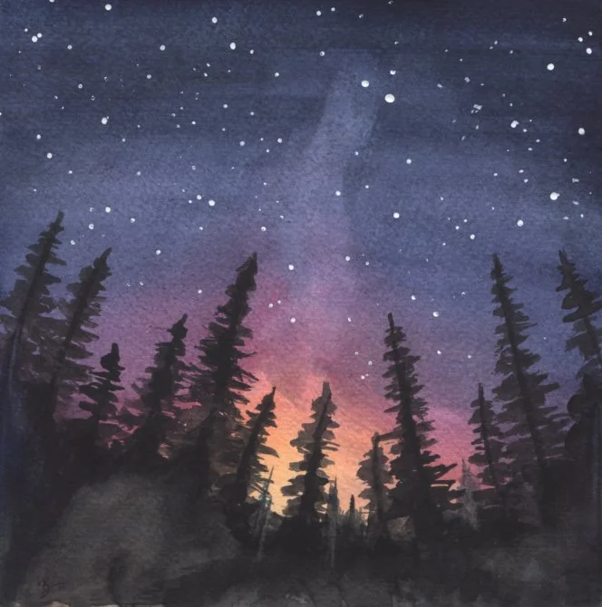 Midnight Meeting, Watercolor, 8x8, 2025