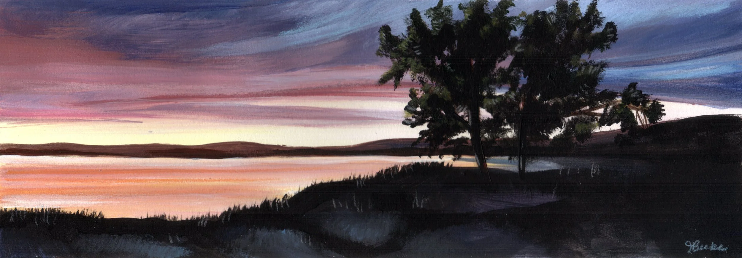 Lake Charlevoix Sunset, Acrylic on Watercolor Paper, 5x8, 2009