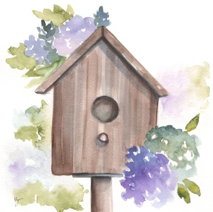 Birdhouse for Rent, Watercolor, 8x8, 2025