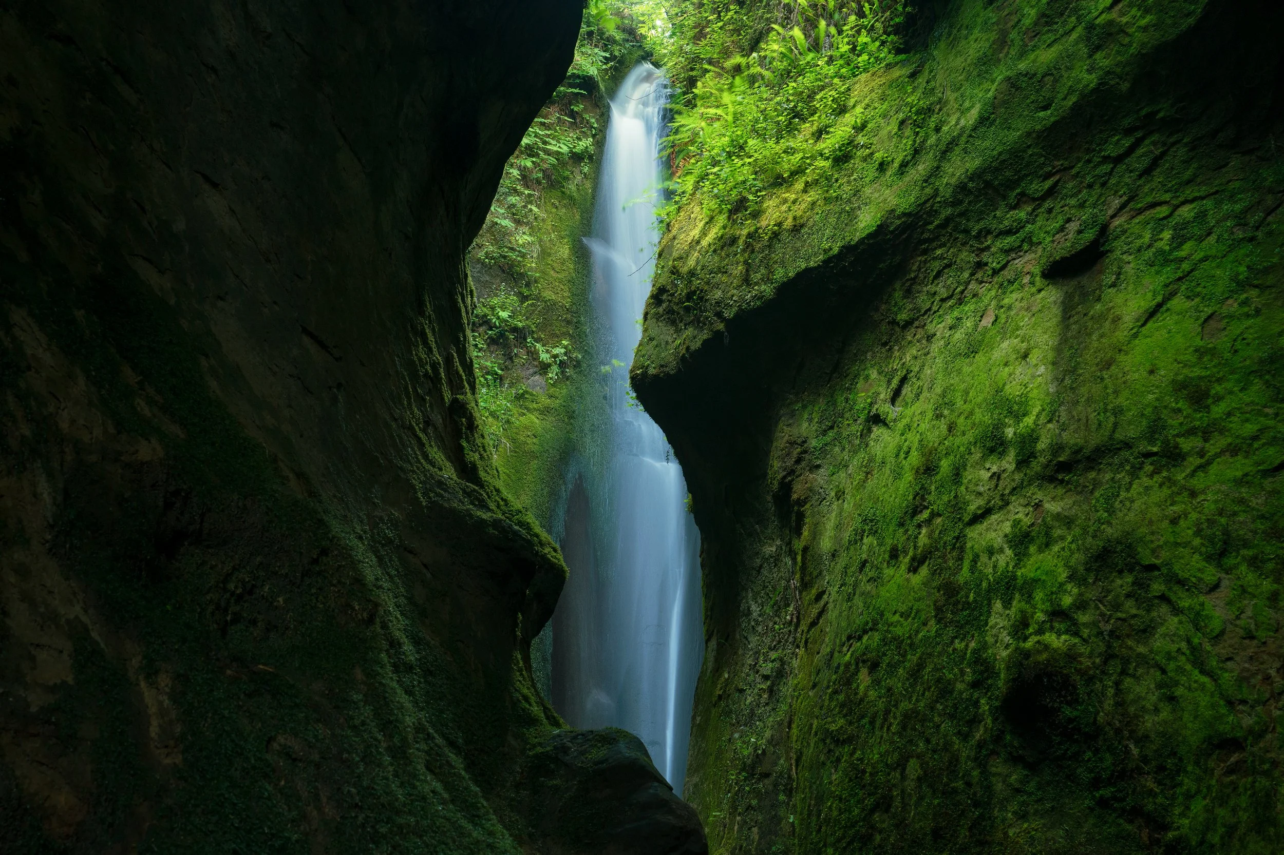 A tall, narrow waterfall flowing down a moss-covered rocky crevice in a lush green forest.