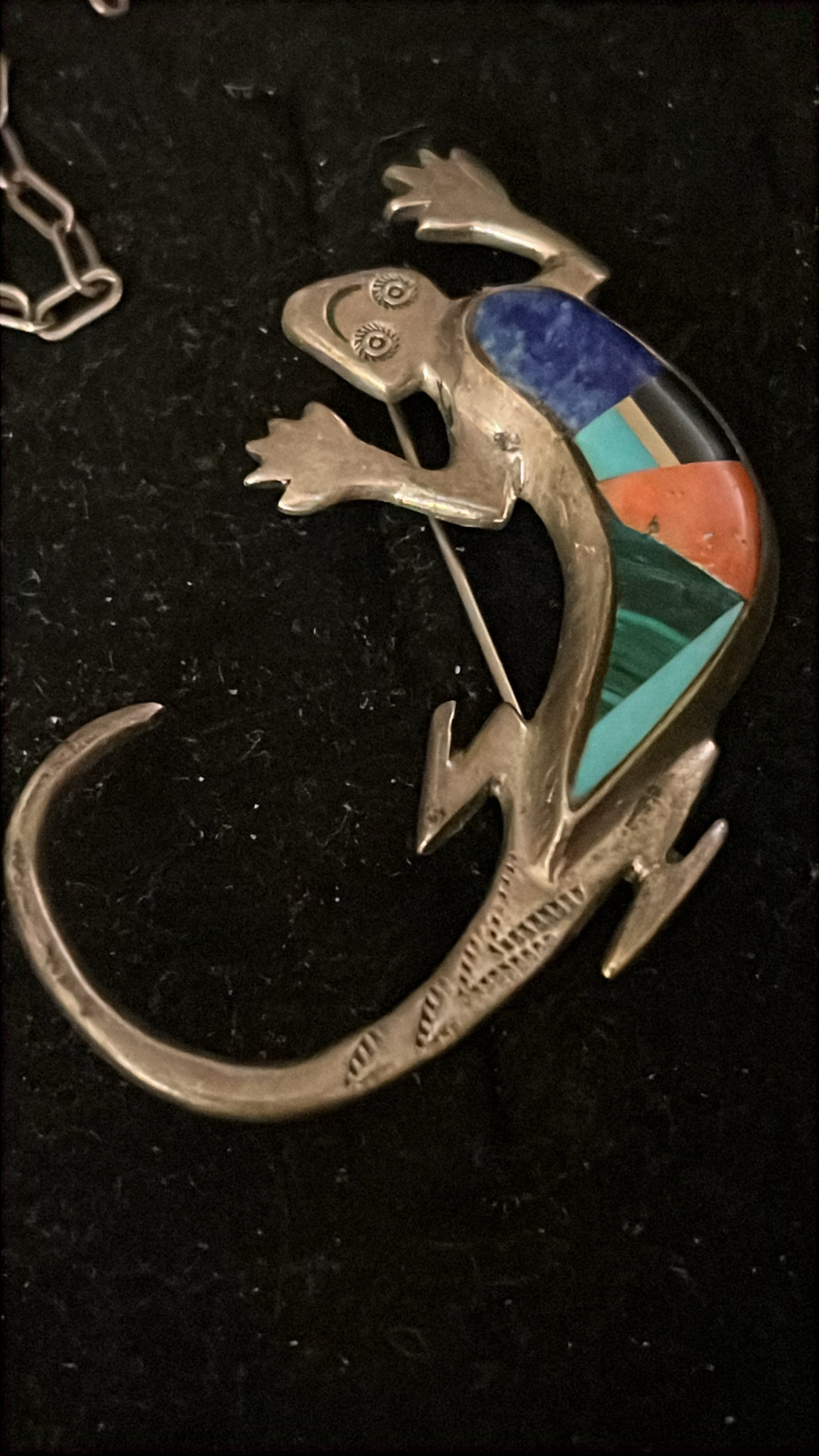 Native Sterling Inlay Lizard Pin