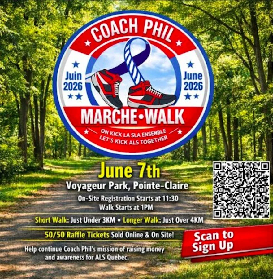 social media graphic to promote the Coach Phil walk to end ALS. Red logo of ALS and feet walking, with the caption on kick la SLA/Let's kick ALS together.