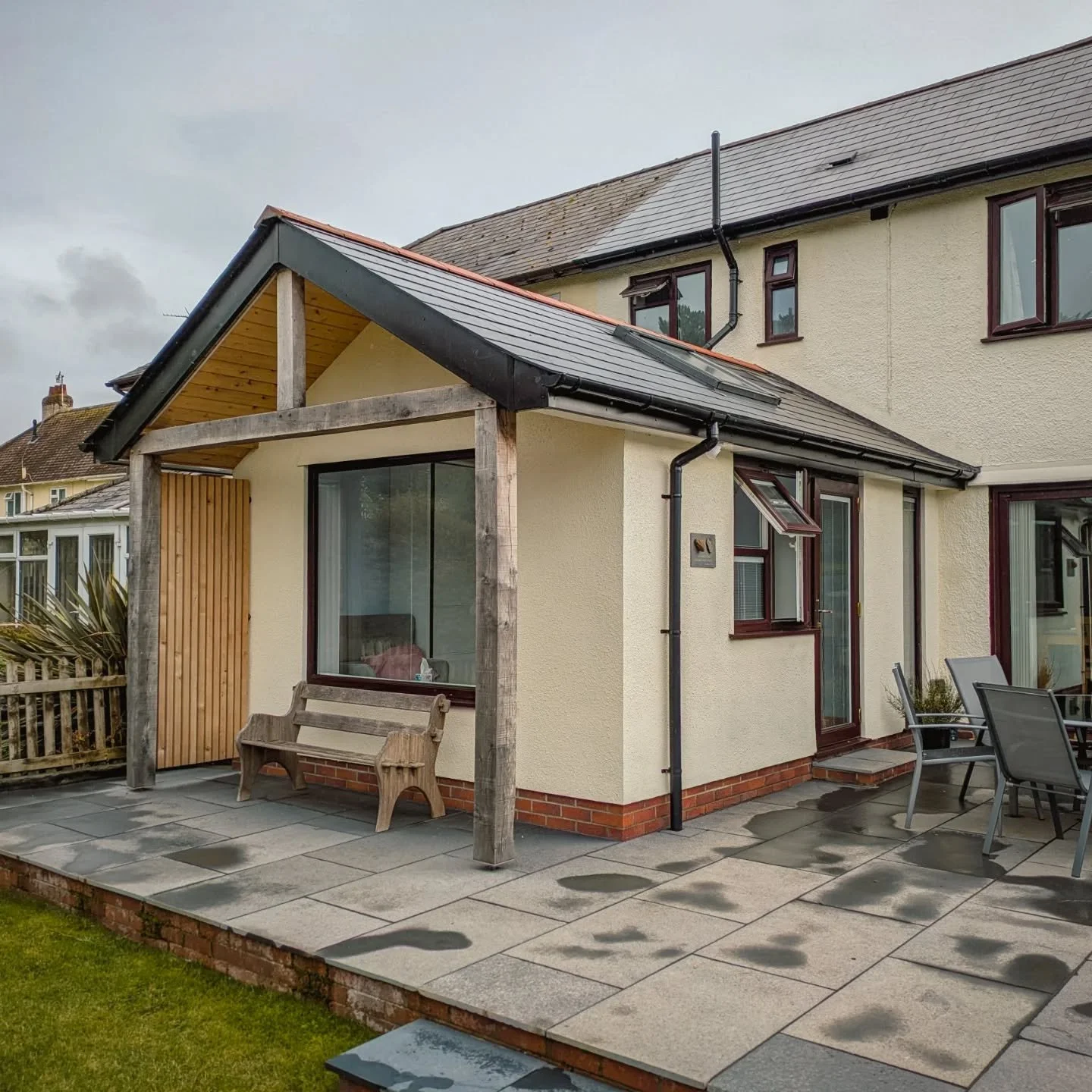One of my much smaller 'bread and butter' projects from a good few years ago. 

Nothing dramatic, just a simple, traditional extension with a useful canopy and privacy screening to elevate the design. 

The extension creates a multi use space i.e. ty