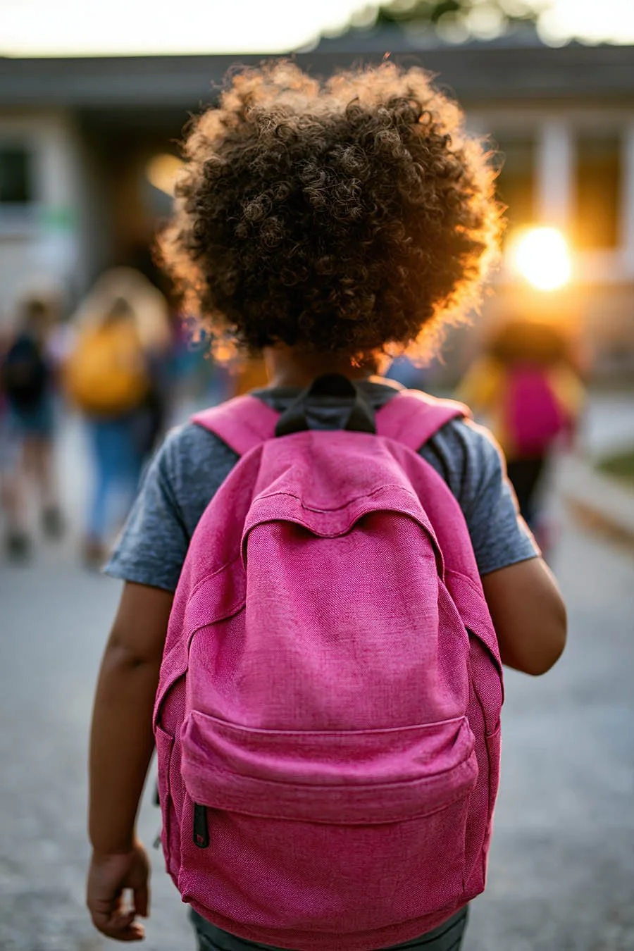 Little girl wearing new pink backpack to school.